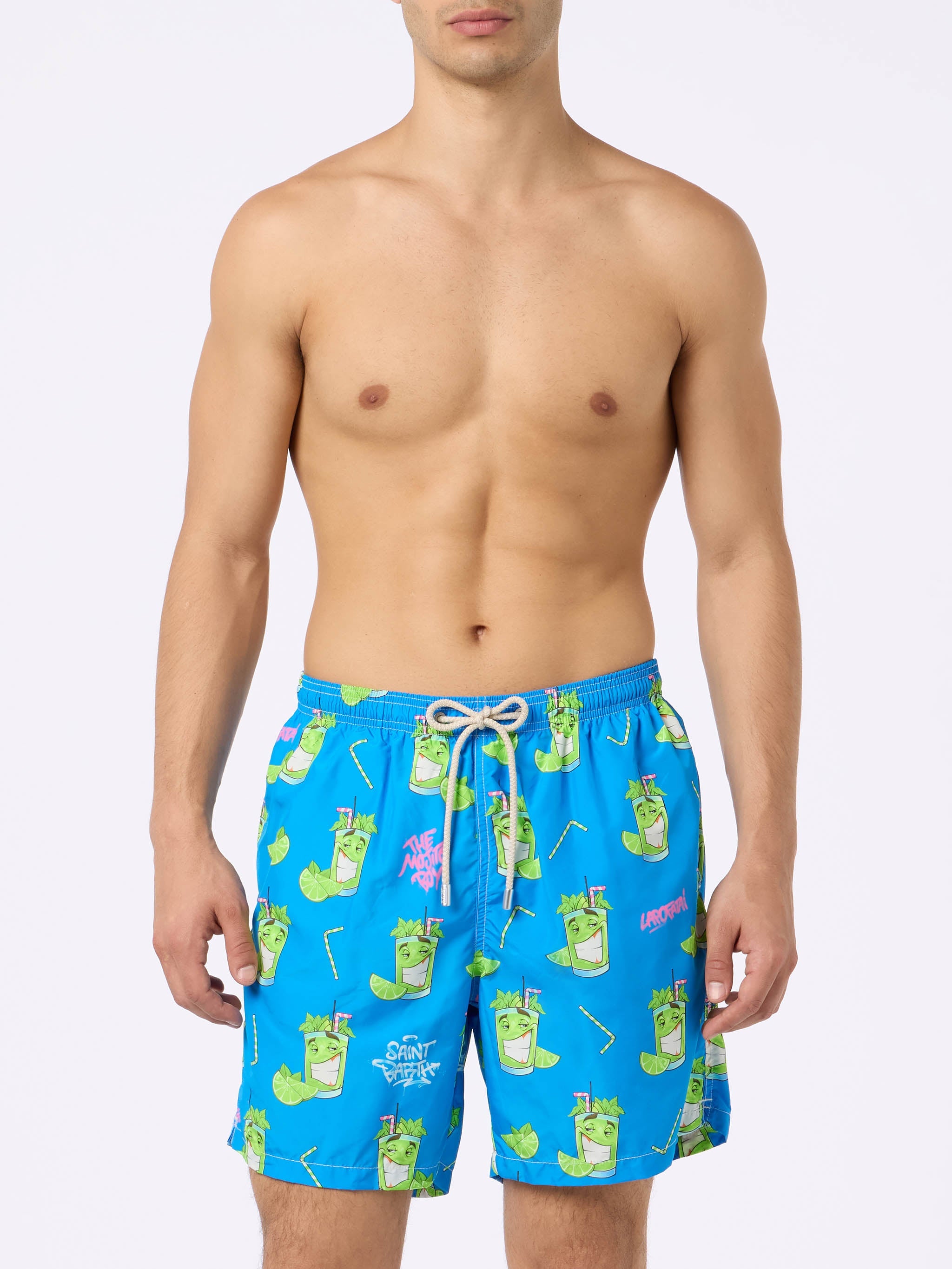 Man Lightweight Fabric Swim-Shorts Lighting With Cryptopuppets Print | Special Edition Blue Swimshort