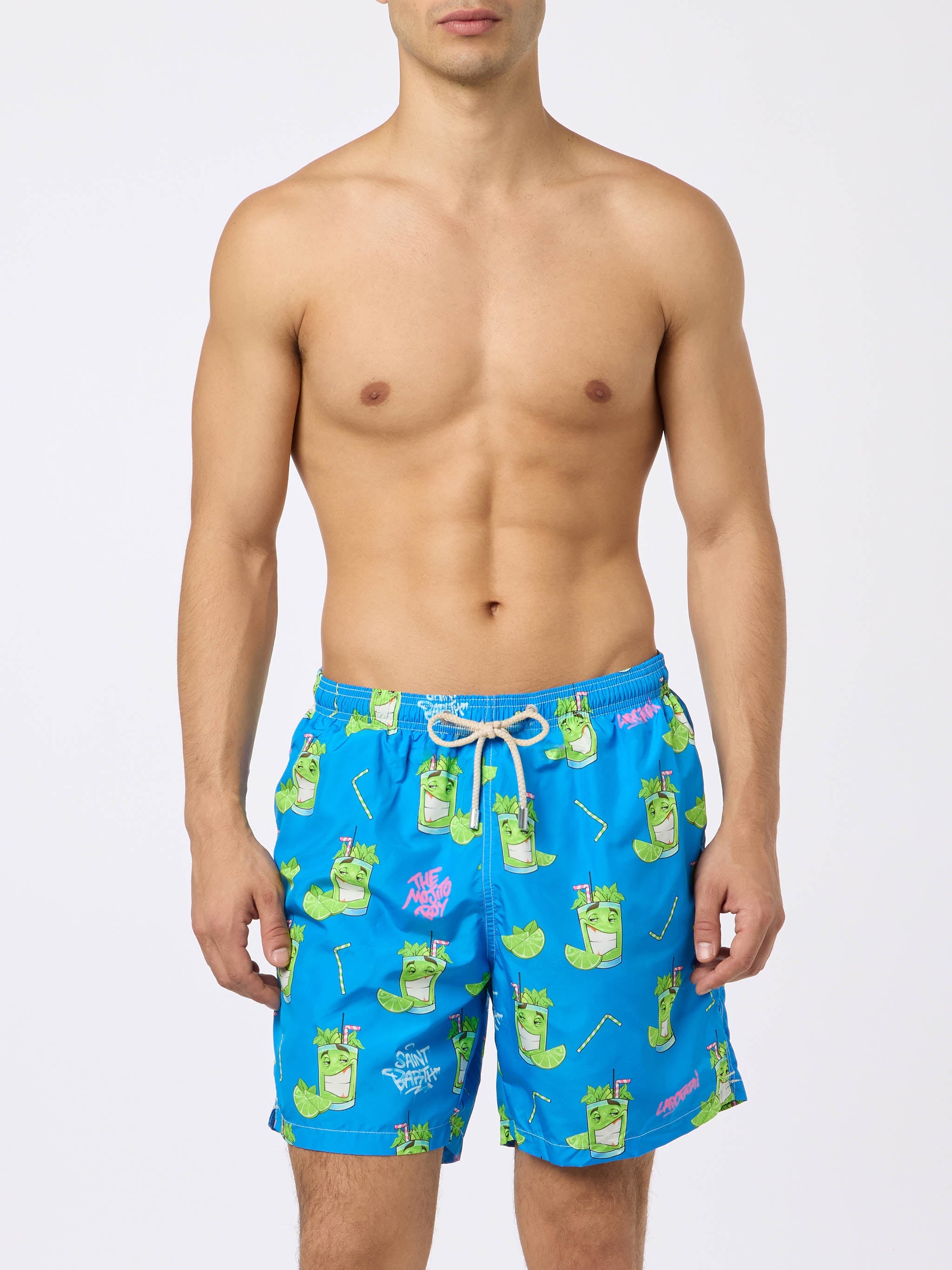 Man Lightweight Fabric Swim-Shorts Lighting With Cryptopuppets Print | Special Edition Blue Swimshort