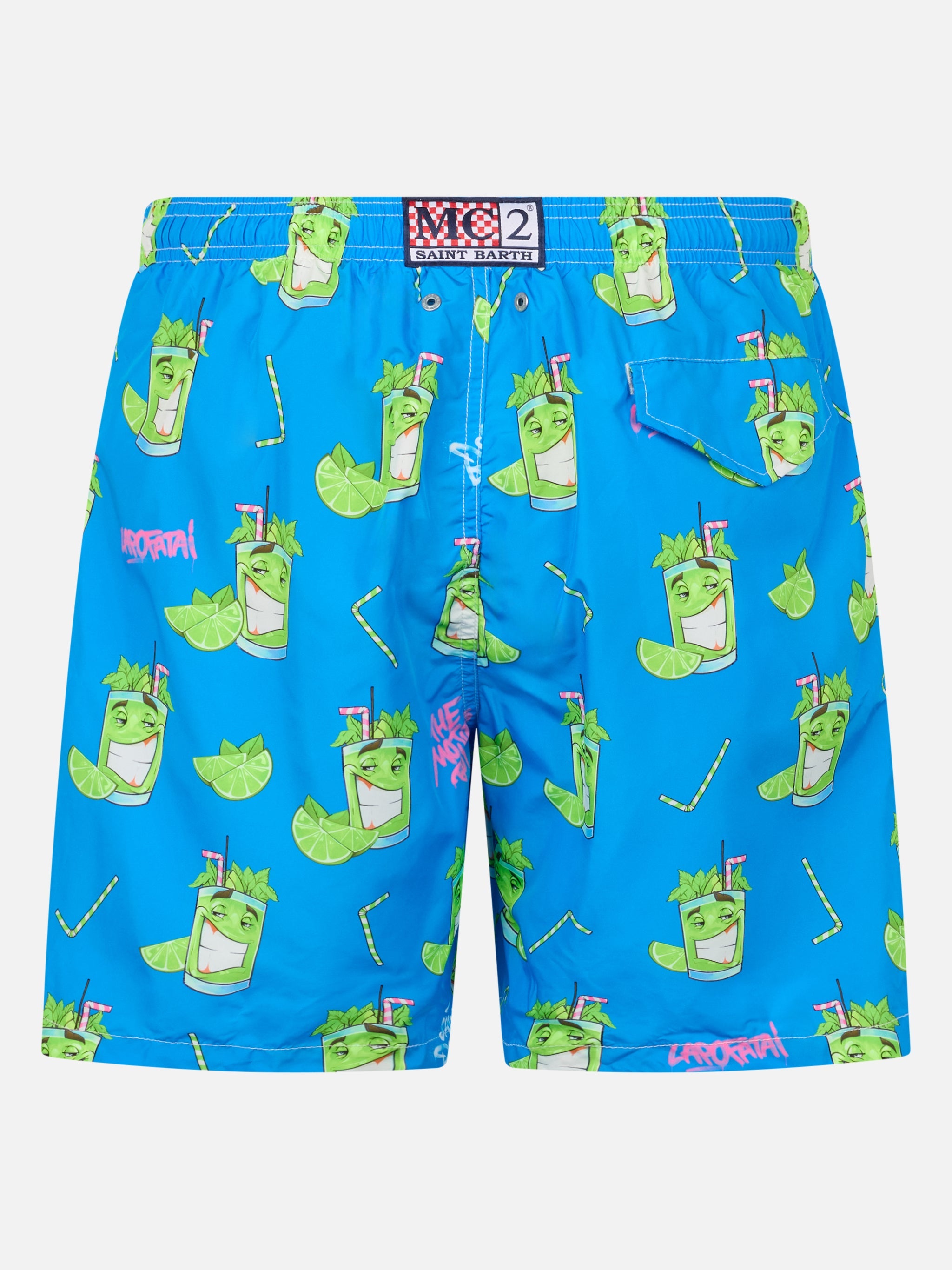 Man Lightweight Fabric Swim-Shorts Lighting With Cryptopuppets Print | Special Edition Blue Swimshort
