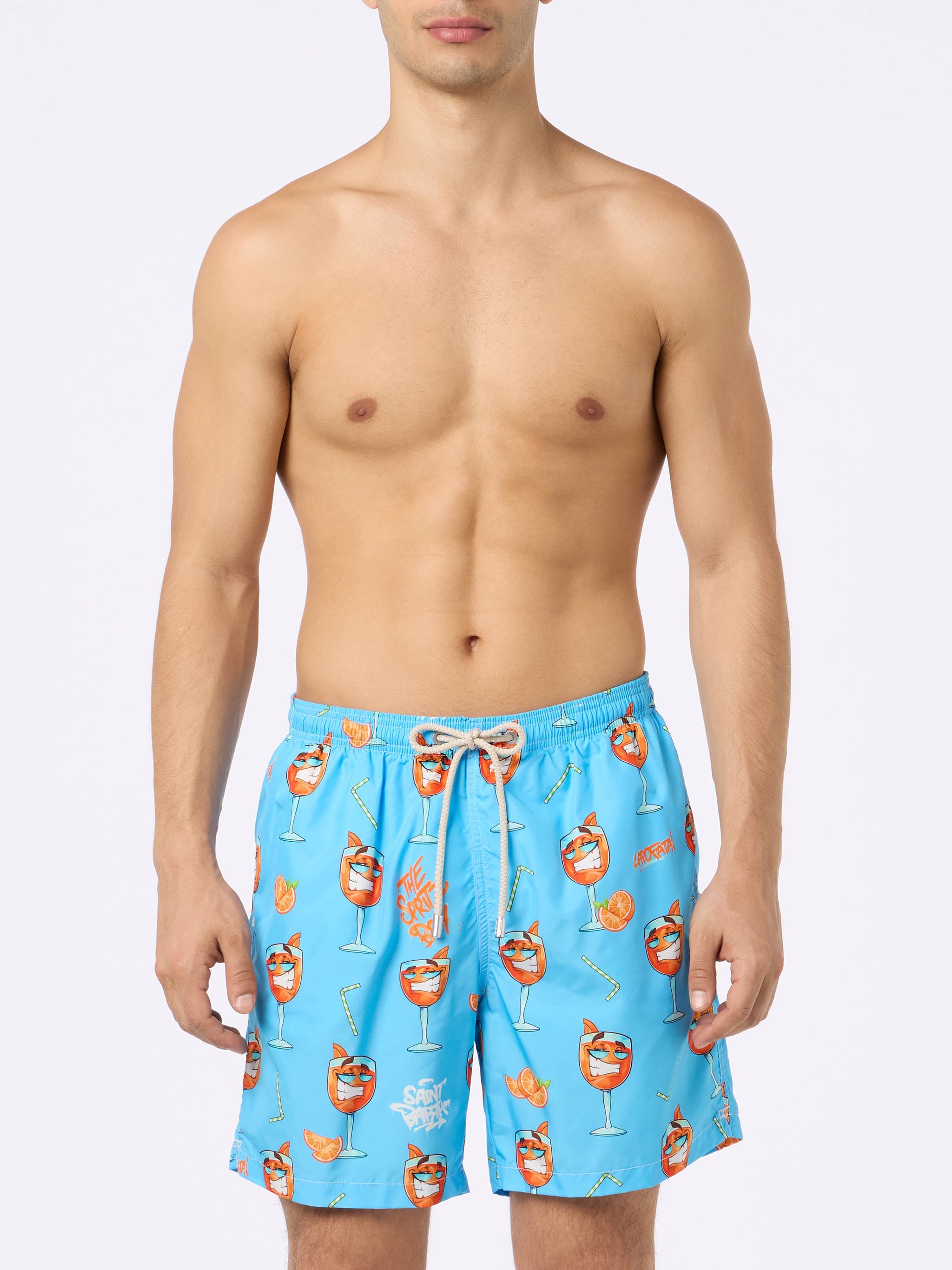 Man Lightweight Fabric Swim-Shorts Lighting With Cryptopuppets Print | Special Edition Sky Swimshort