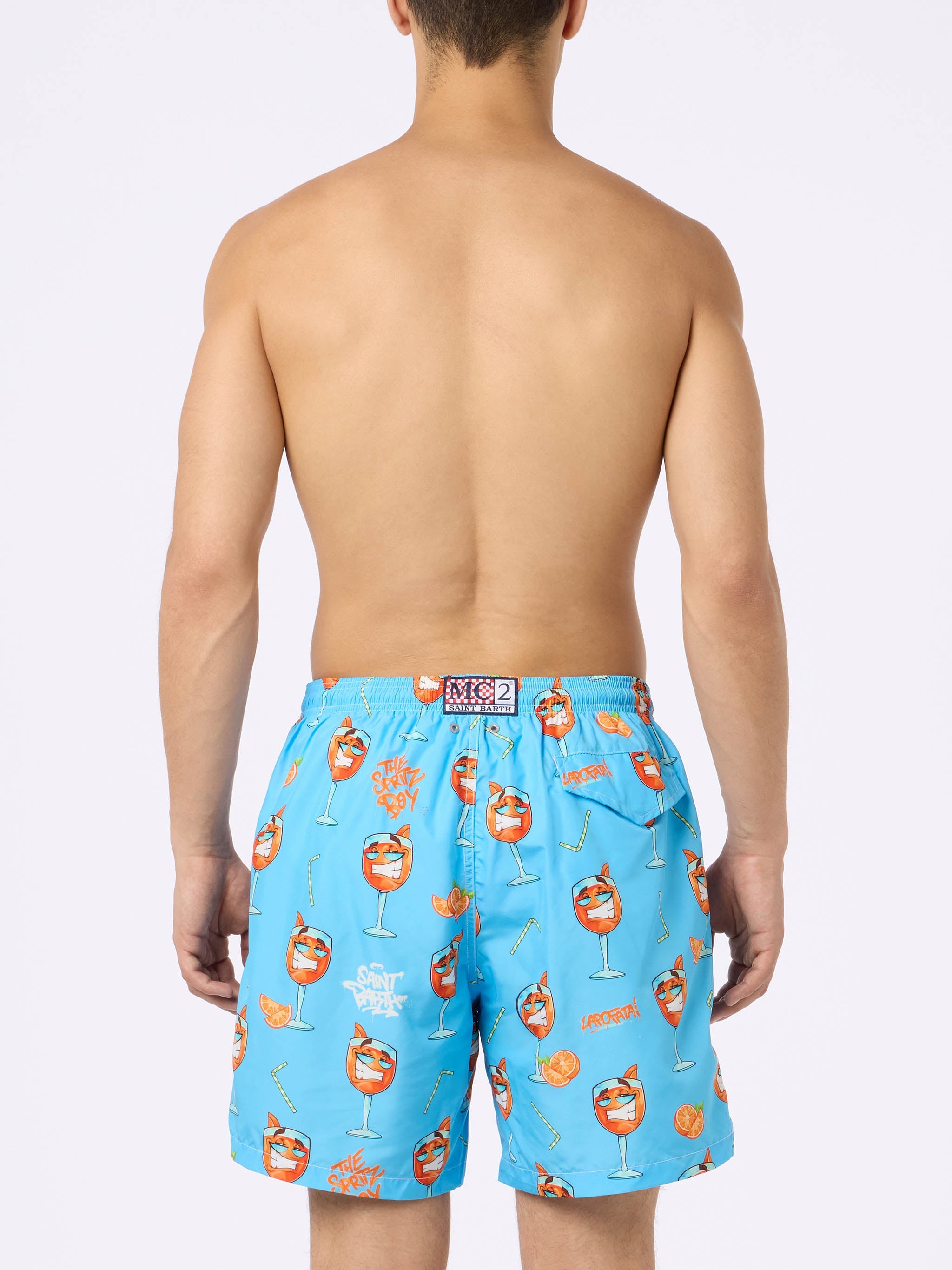 Man Lightweight Fabric Swim-Shorts Lighting With Cryptopuppets Print | Special Edition Sky Swimshort