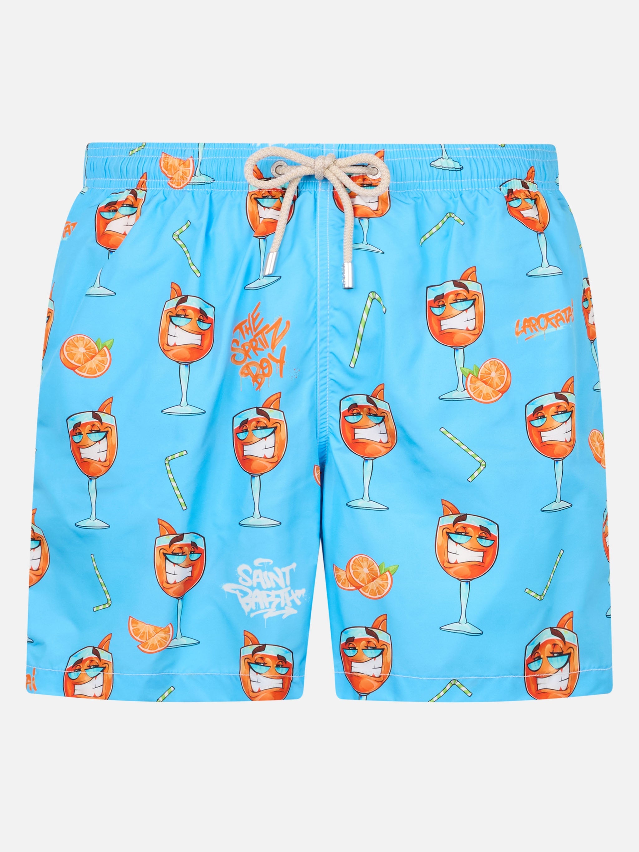Man Lightweight Fabric Swim-Shorts Lighting With Cryptopuppets Print | Special Edition Sky Swimshort