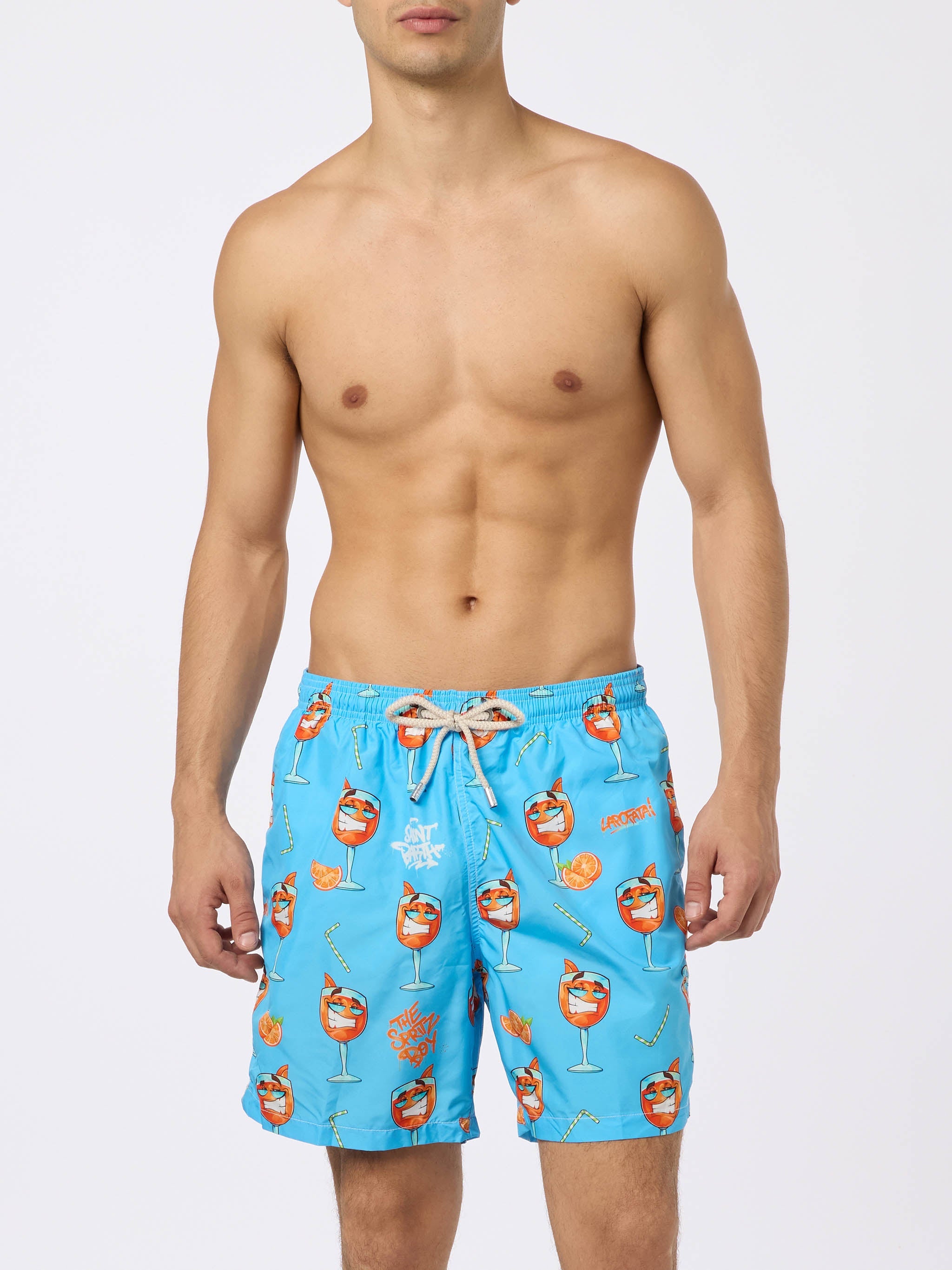 Man Lightweight Fabric Swim-Shorts Lighting With Cryptopuppets Print | Special Edition Sky Swimshort