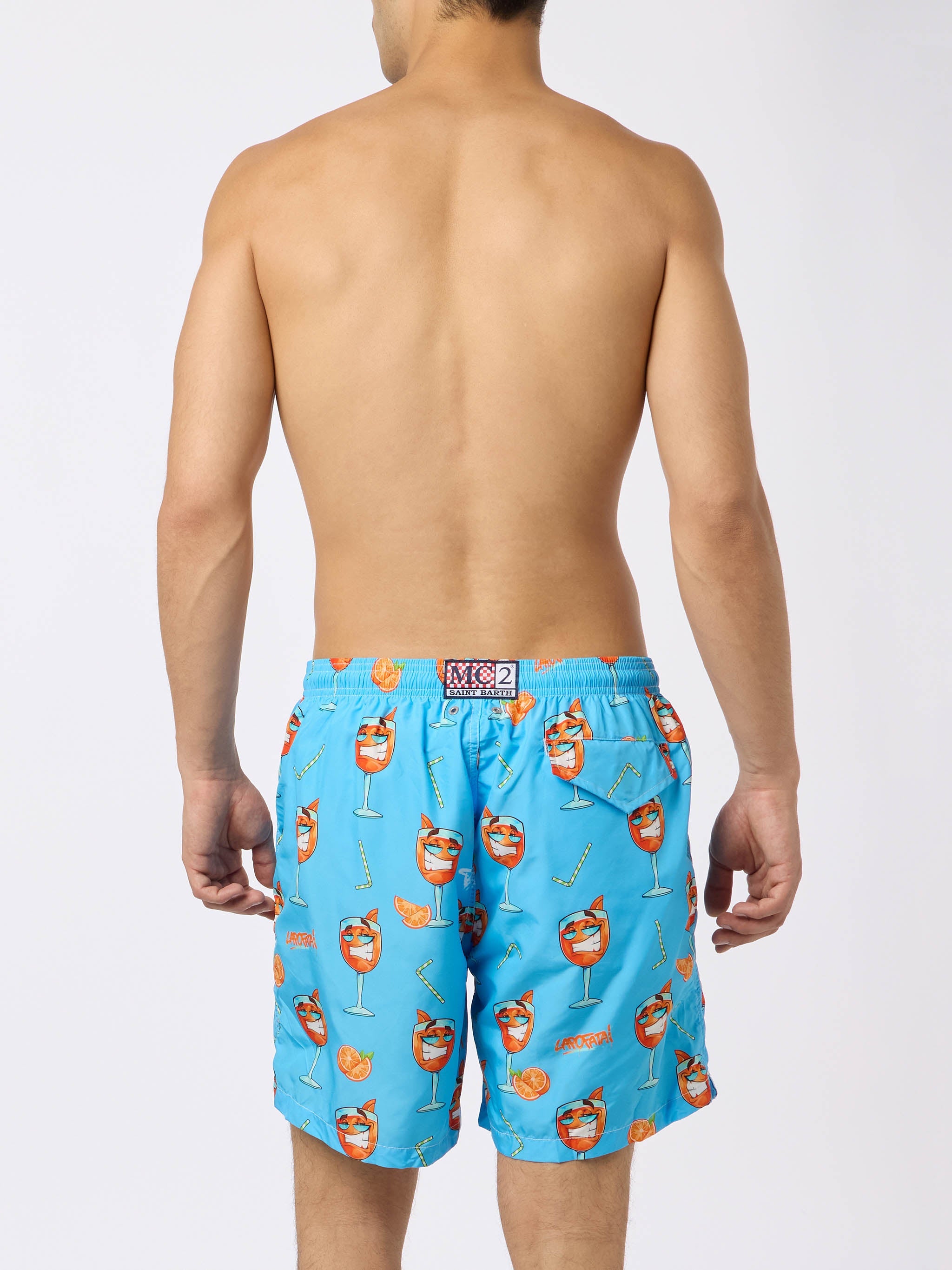 Man Lightweight Fabric Swim-Shorts Lighting With Cryptopuppets Print | Special Edition Sky Swimshort
