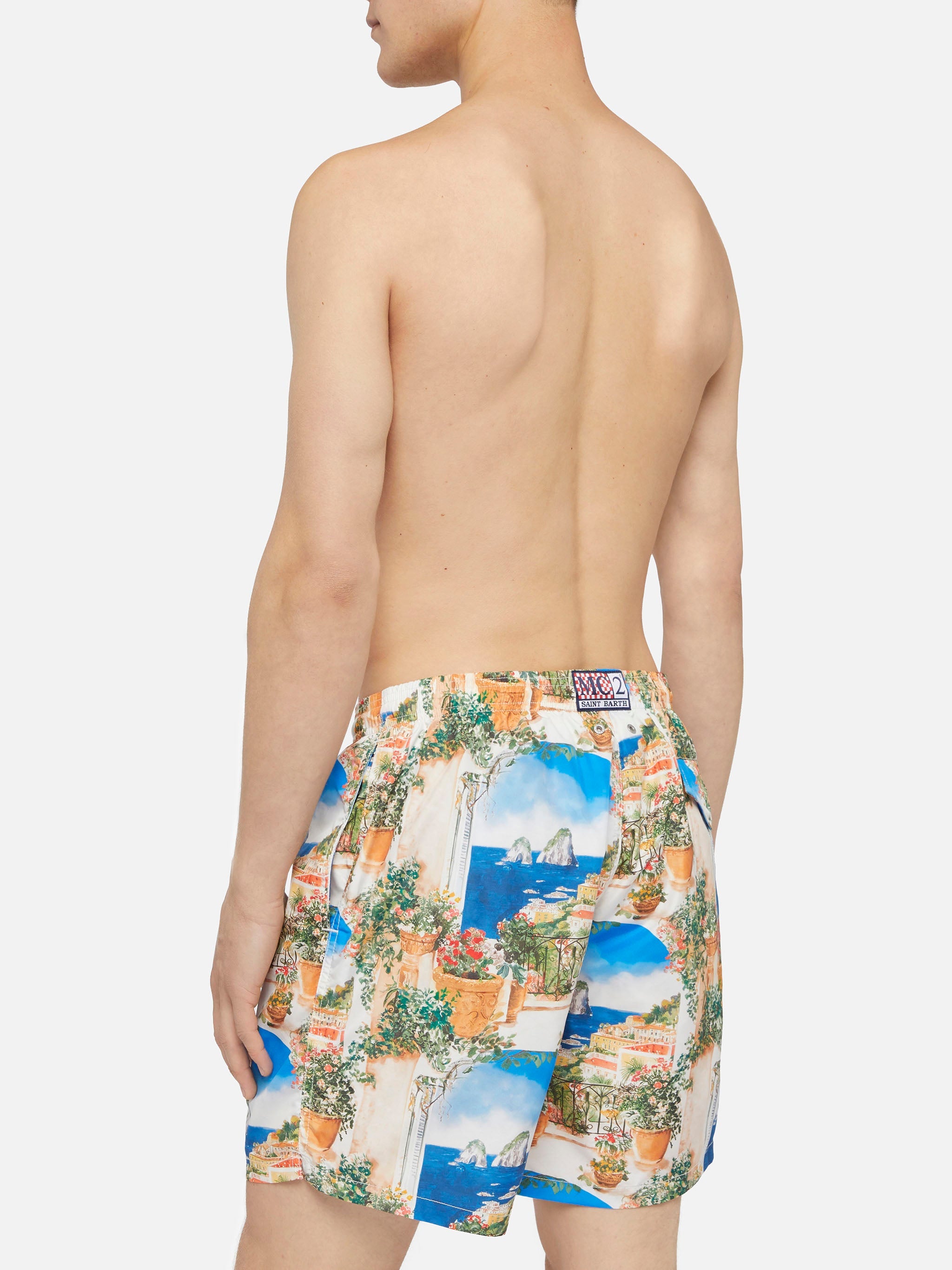Lightweight Fabric Swim-Shorts Lighting With Capri View Print | Ai Co-Created Design By Rickdick - Powered Red-Eye Sky Swimshort