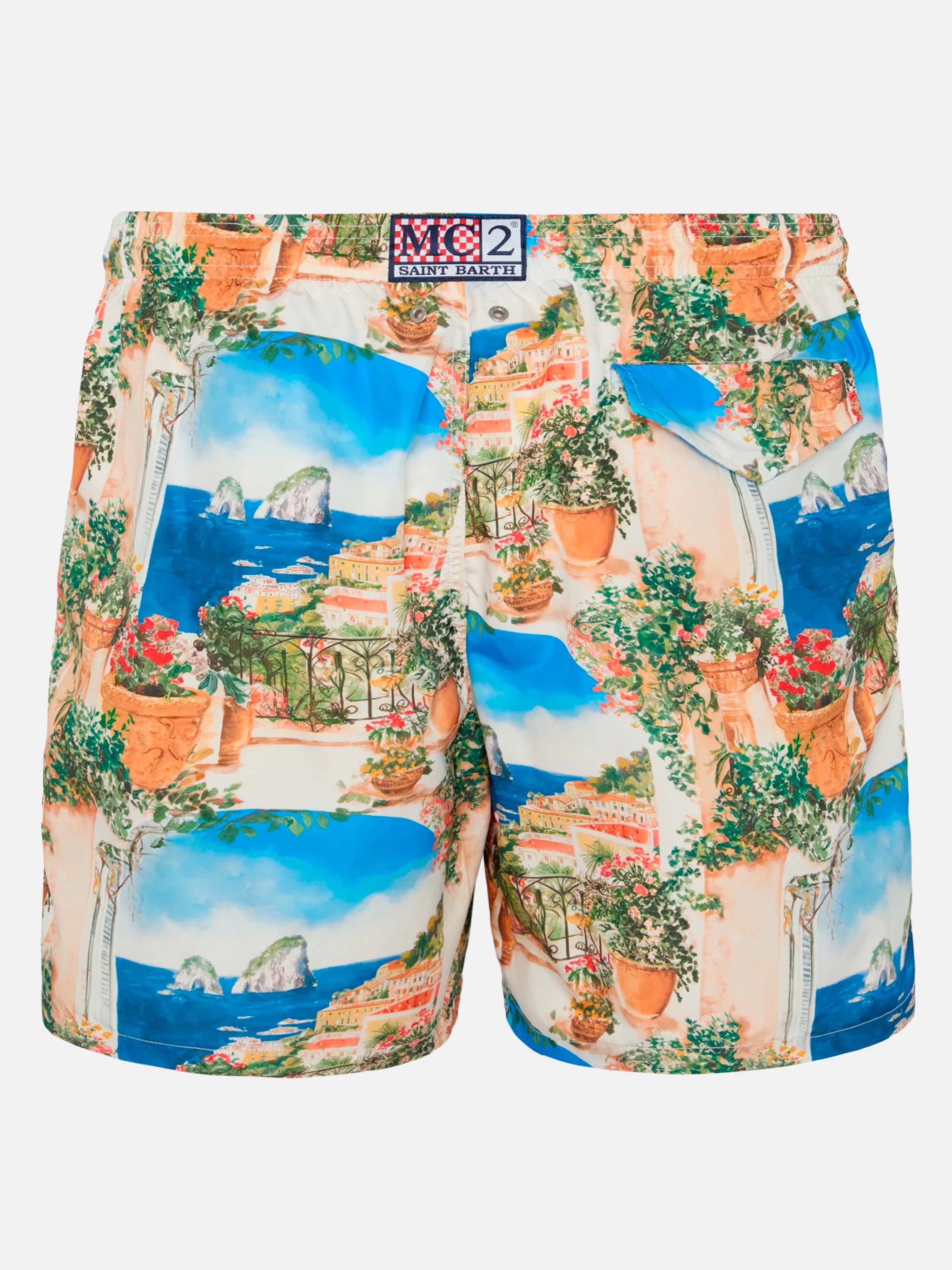 Lightweight Fabric Swim-Shorts Lighting With Capri View Print | Ai Co-Created Design By Rickdick - Powered Red-Eye Sky Swimshort