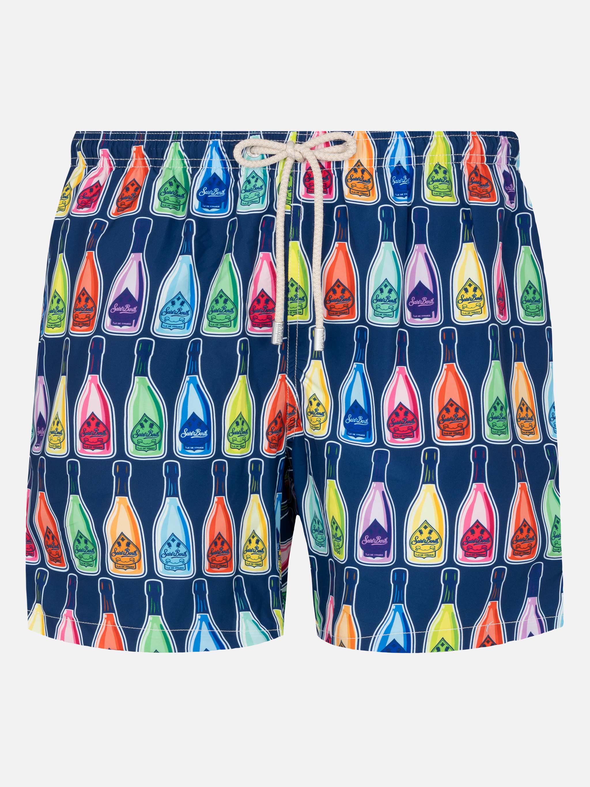 Lightweight Fabric Swim-Shorts Lighting With Bottles Print Blue Swimshort