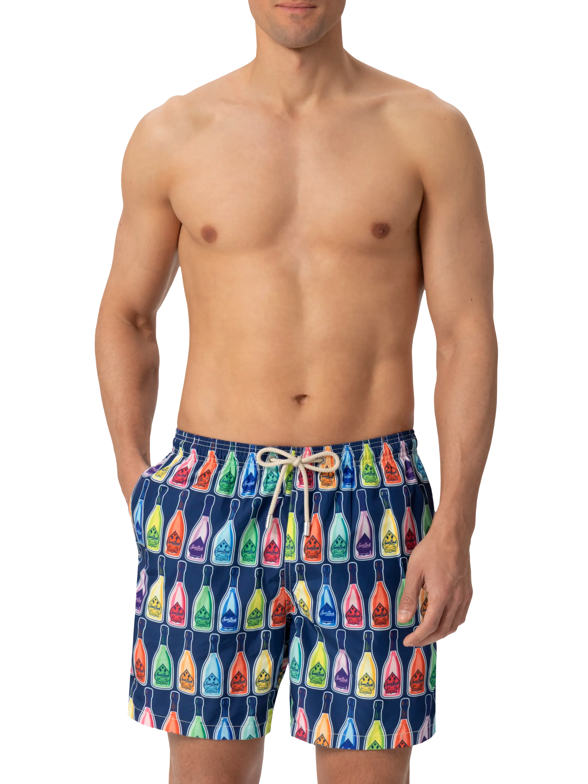 Lightweight Fabric Swim-Shorts Lighting With Bottles Print Blue Swimshort