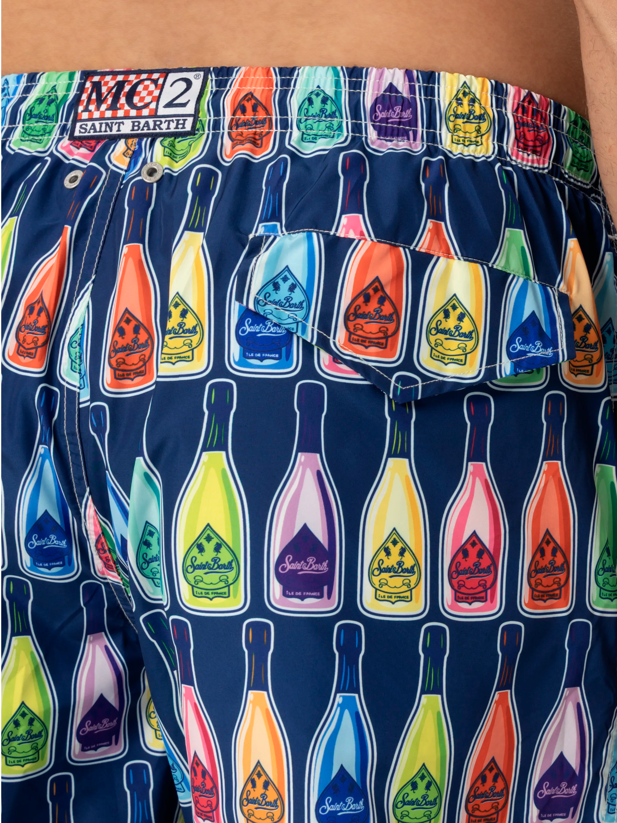 Lightweight Fabric Swim-Shorts Lighting With Bottles Print Blue Swimshort