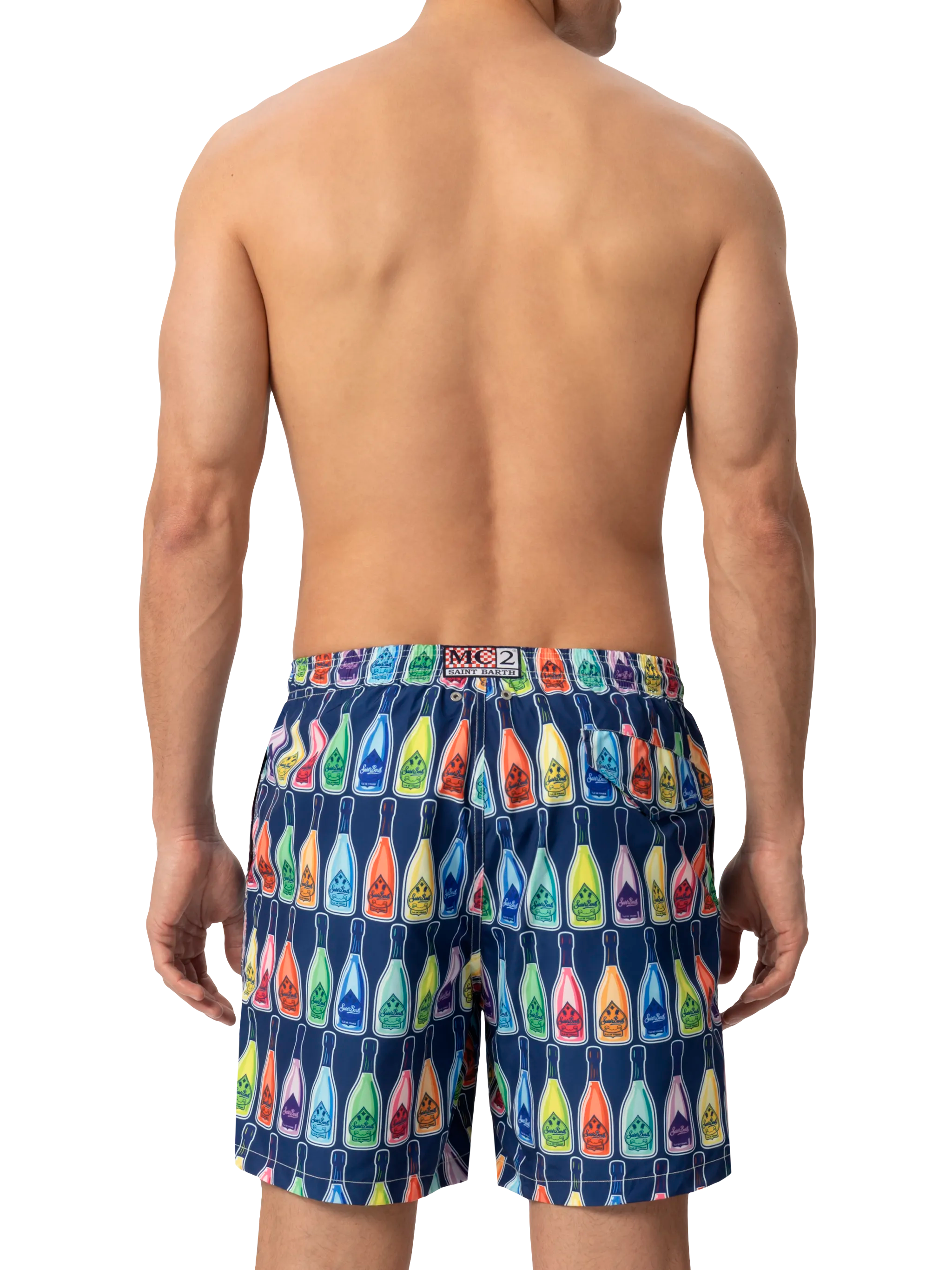 Lightweight Fabric Swim-Shorts Lighting With Bottles Print Blue Swimshort