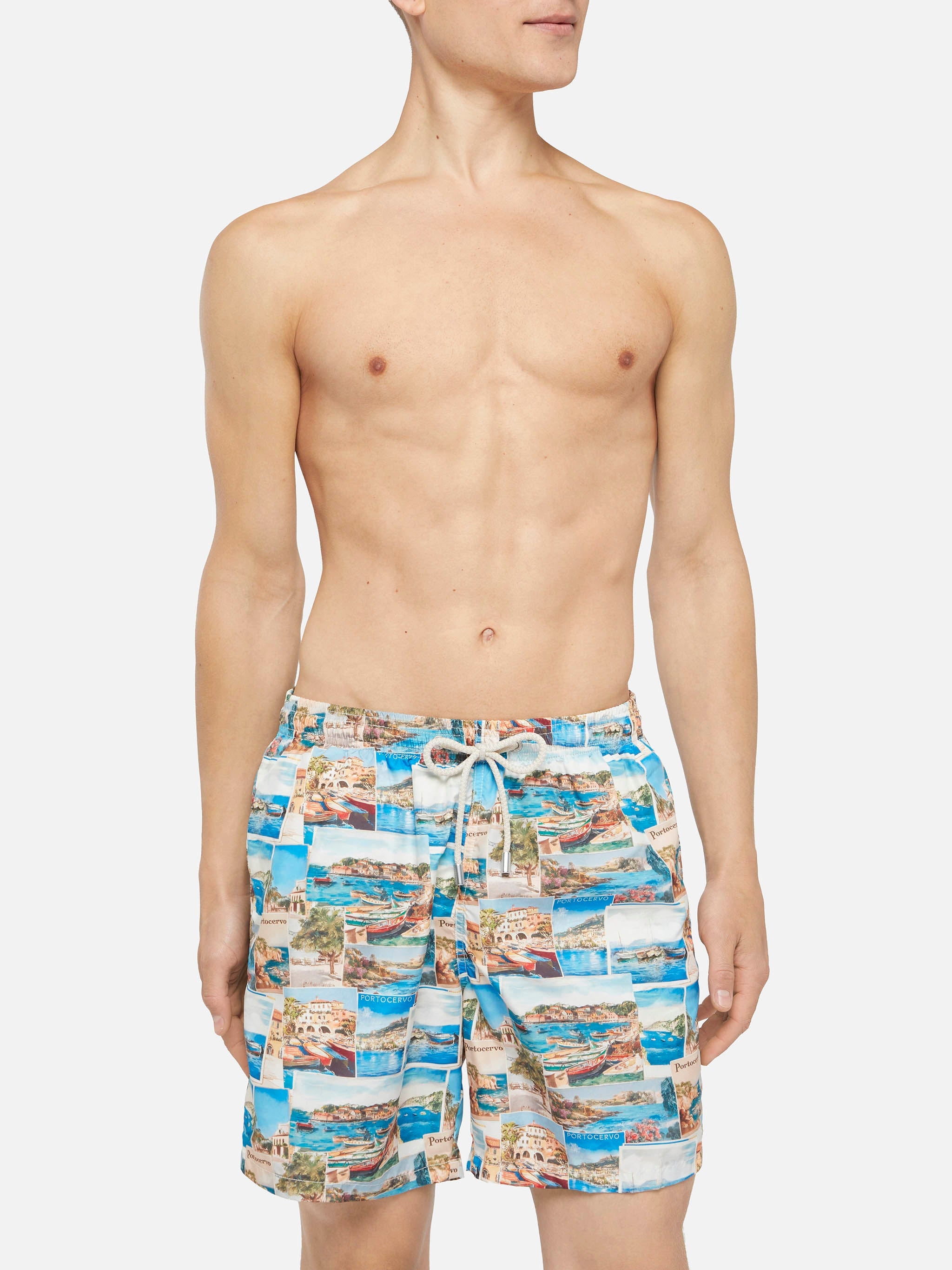 Lightweight Fabric Swim-Shorts Lighting With Porto Cervo Postcards Print | Ai Co-Created Design By Rickdick - Powered Red-Eye Swimshort