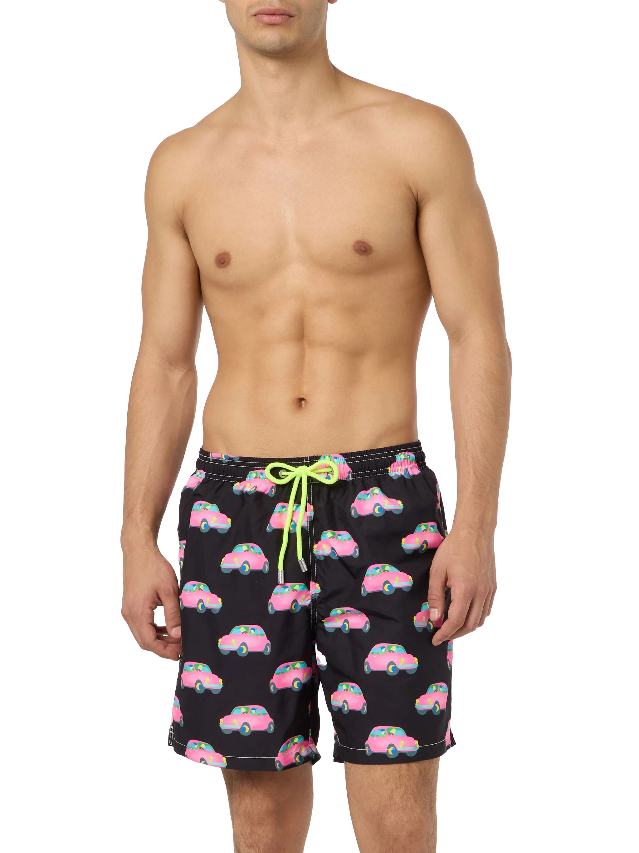 Man Light Fabric Swim Shorts With Cars Print | Marco Lodola Special Edition Black Swimshort