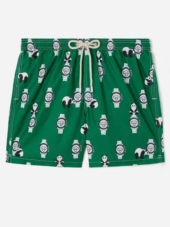 Green Lighting Swim Shorts With All-Over Panda And Watches Print Swimshort