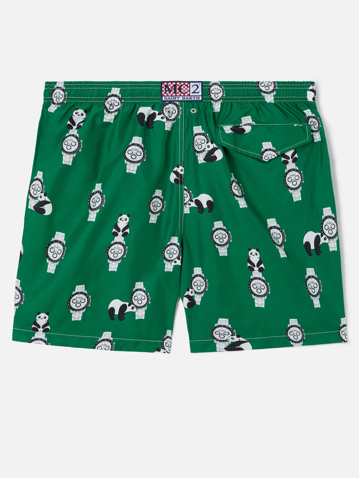 Green Lighting Swim Shorts With All-Over Panda And Watches Print Swimshort
