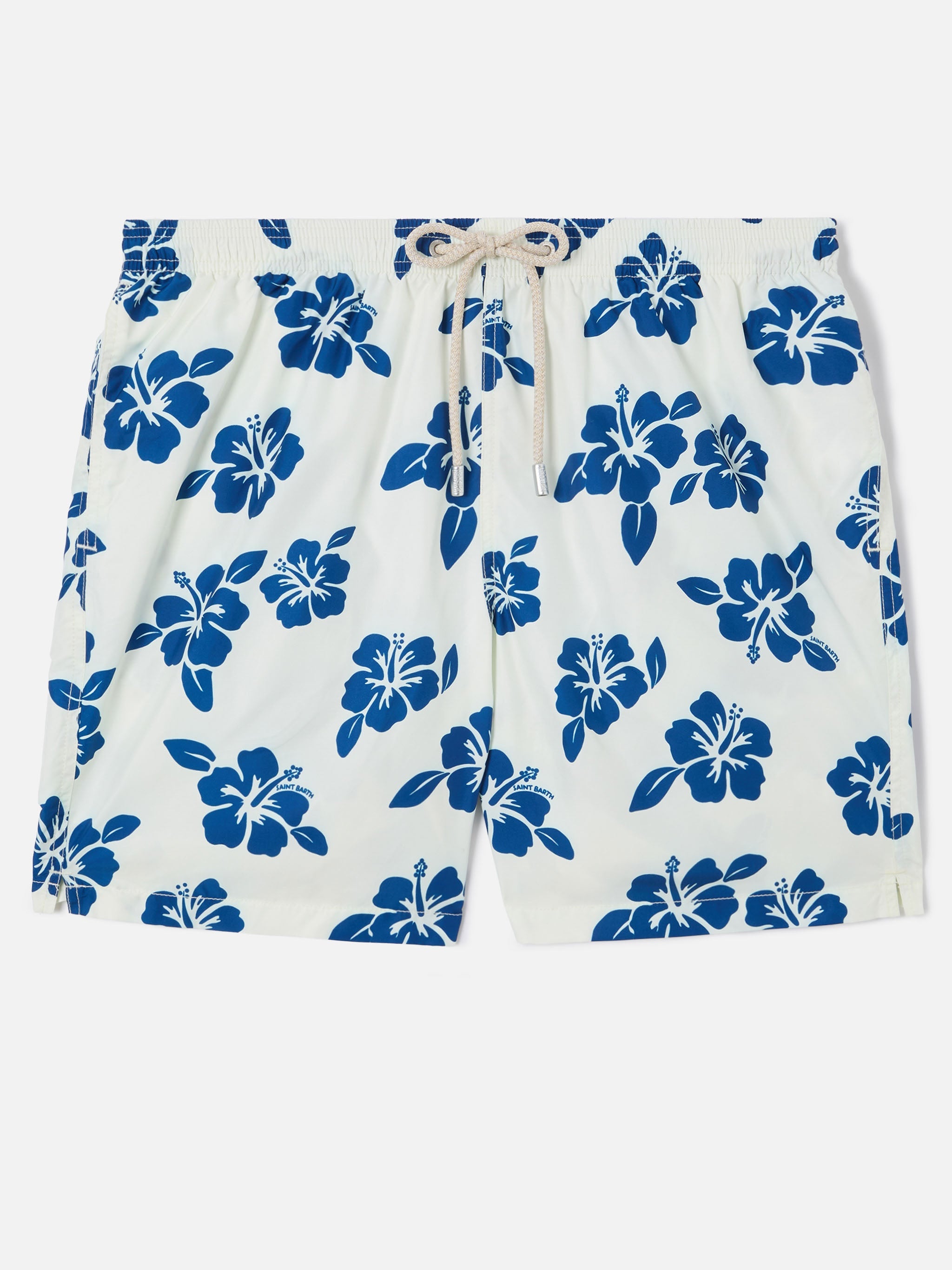White Lighting Swim Shorts With All-Over Hibiscus Print Swimshort