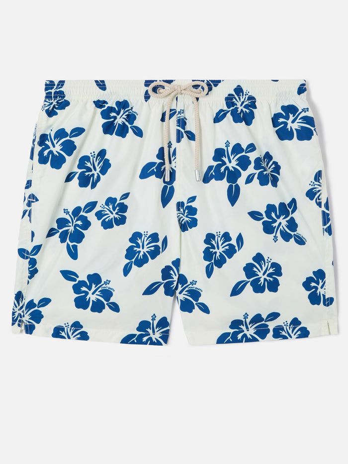 White Lighting Swim Shorts With All-Over Hibiscus Print Swimshort