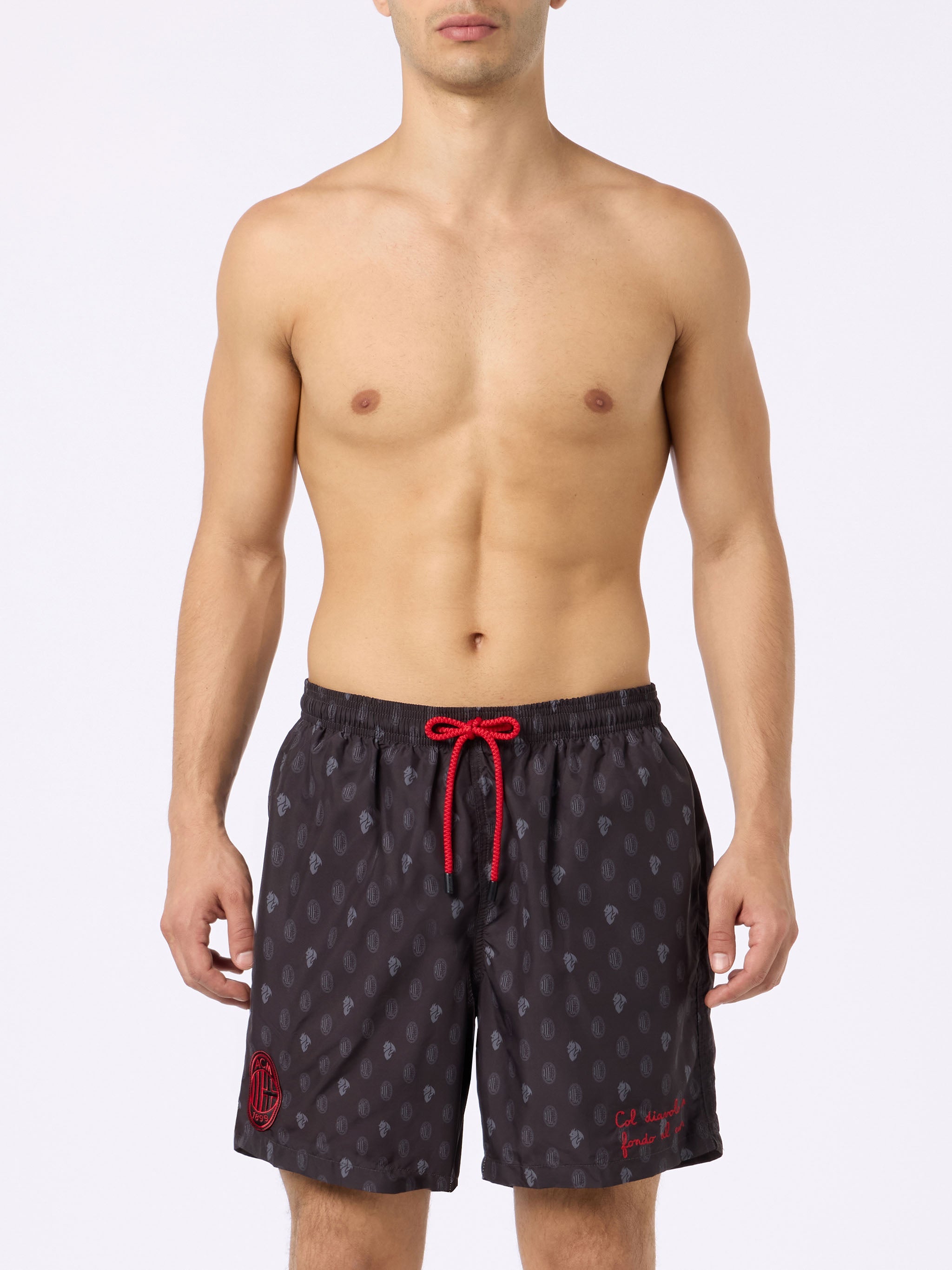 Man Lightweight Fabric Swim Shorts With Milan Logo Print And Patch | Ac Special Edition Black Swimshort