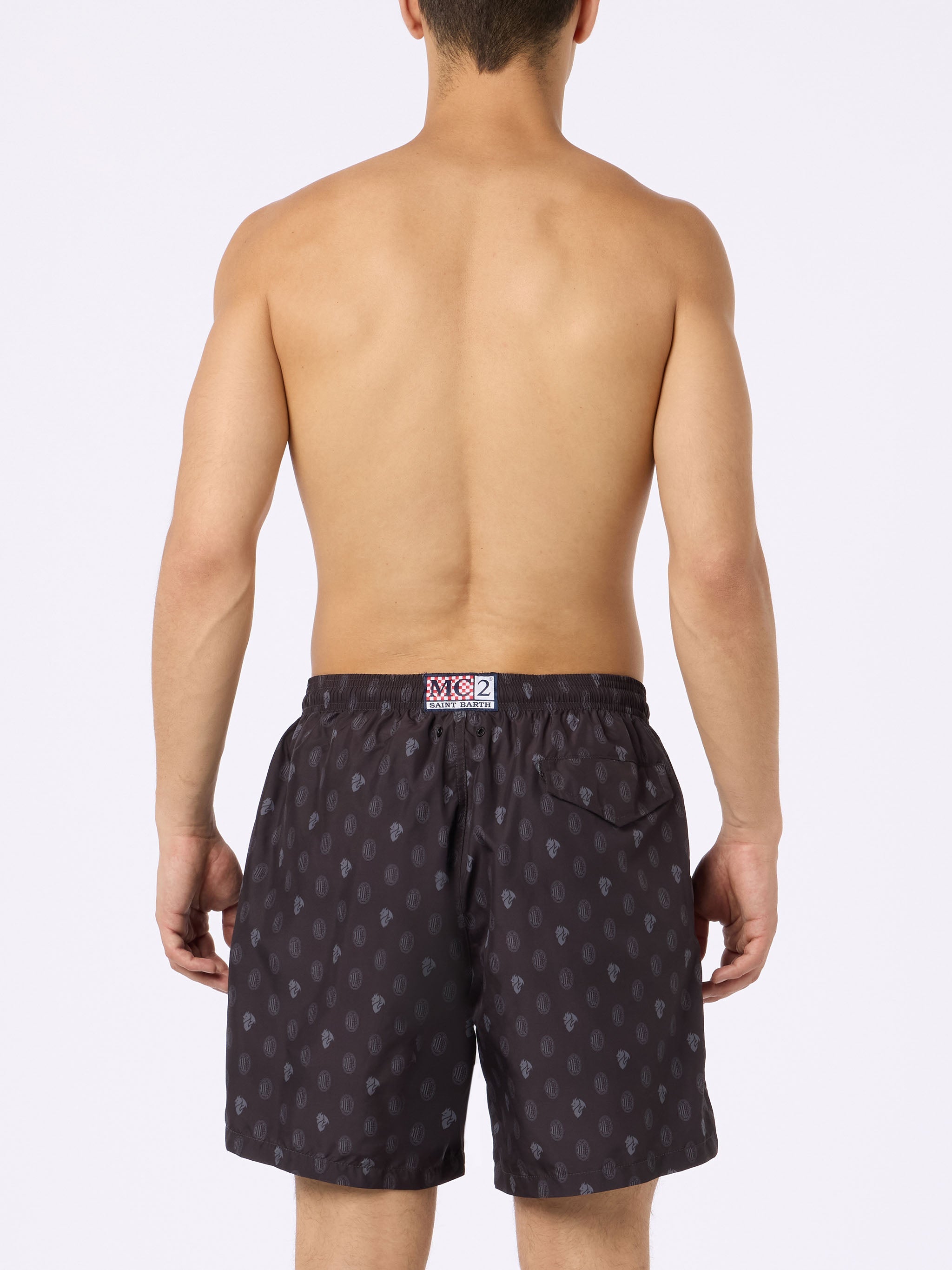 Man Lightweight Fabric Swim Shorts With Milan Logo Print And Patch | Ac Special Edition Black Swimshort