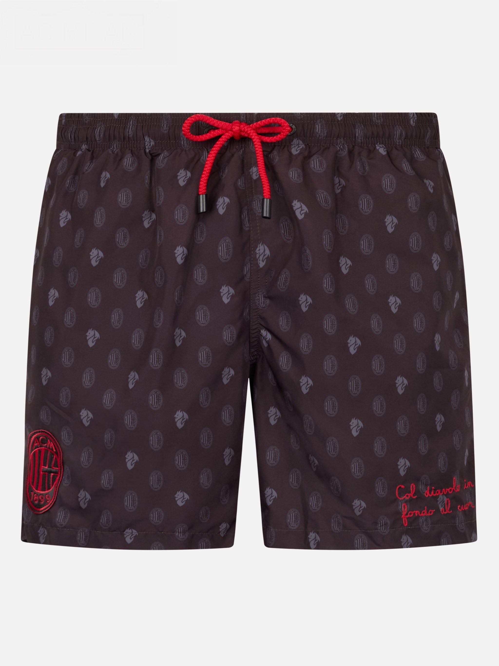 Man Lightweight Fabric Swim Shorts With Milan Logo Print And Patch | Ac Special Edition Black Swimshort