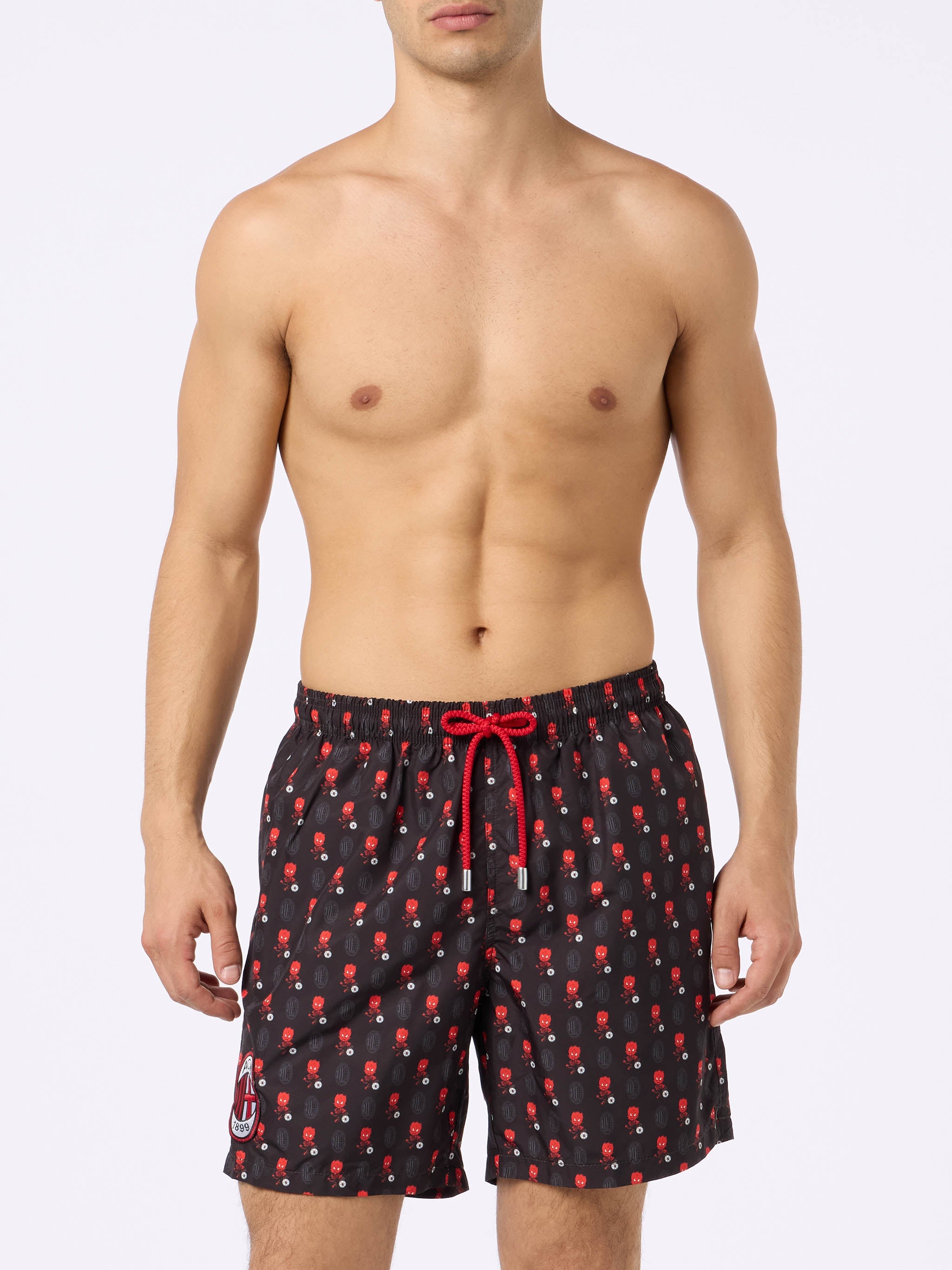 Man Lightweight Fabric Swim Shorts With Milan Logo Print And Patch | Ac Special Edition Black Swimshort