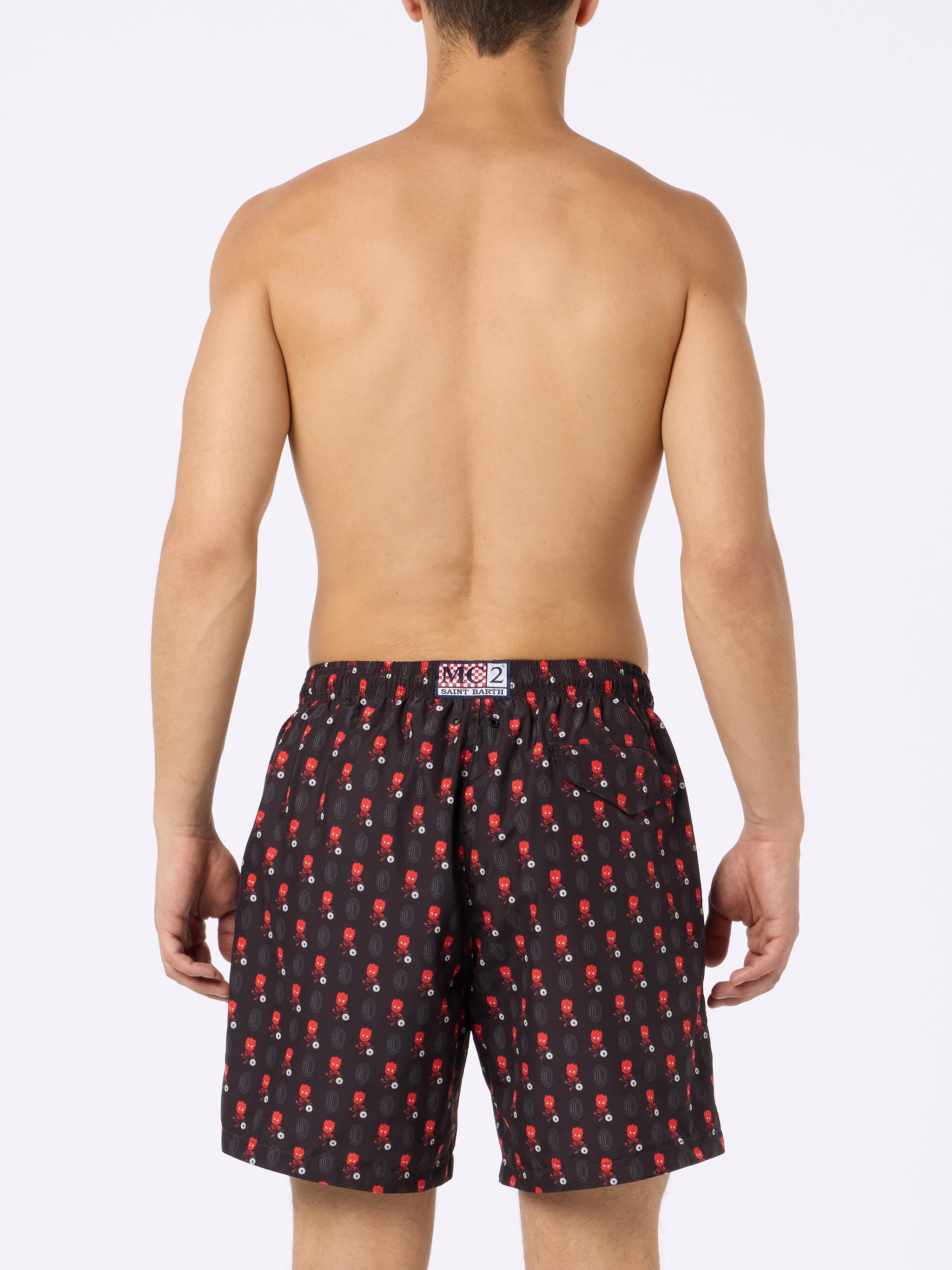 Man Lightweight Fabric Swim Shorts With Milan Logo Print And Patch | Ac Special Edition Black Swimshort