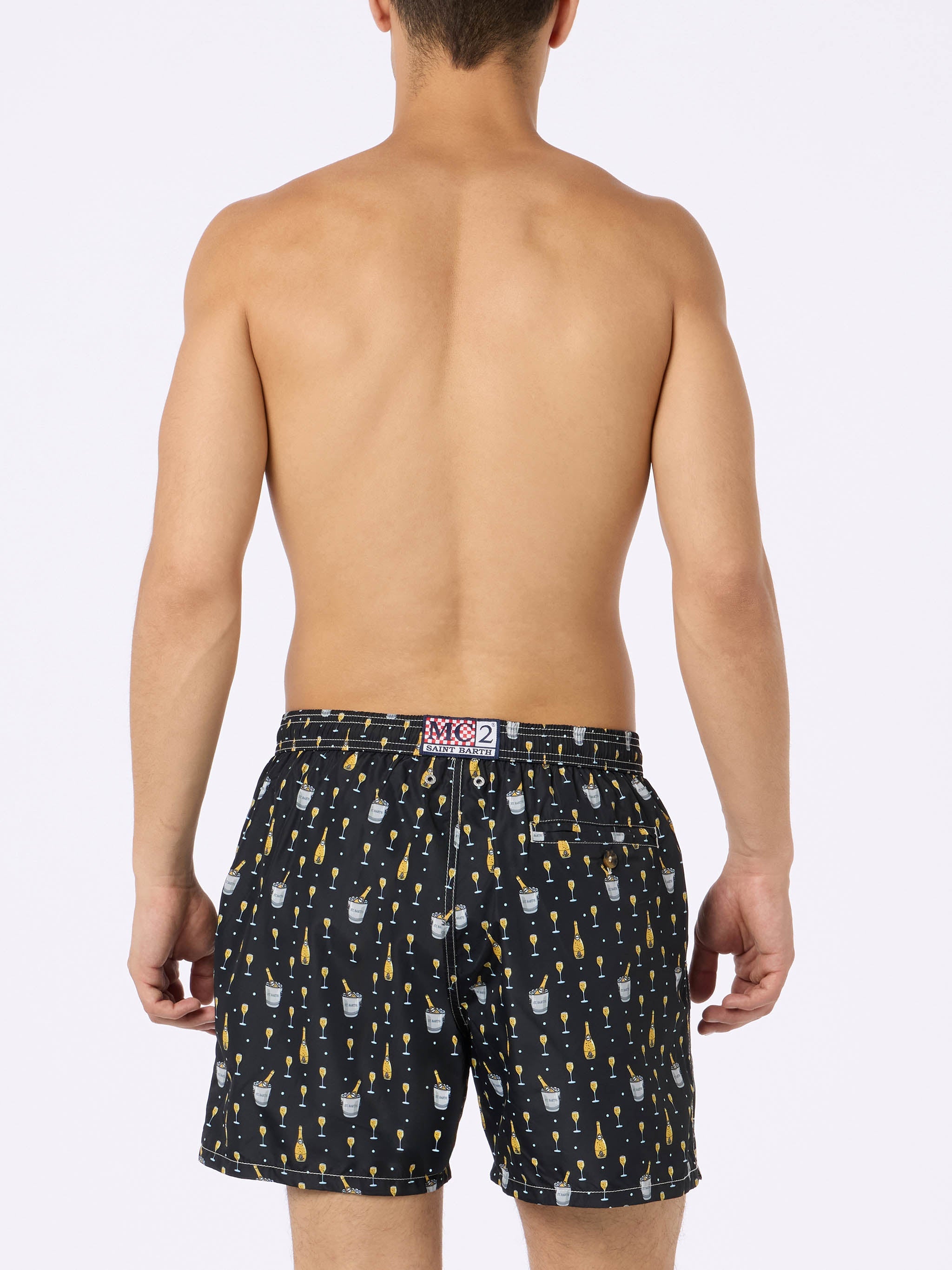 Man Lightweight Fabric Swim-Shorts Lighting Micro Fantasy With Bollicine Print Black Swimshort
