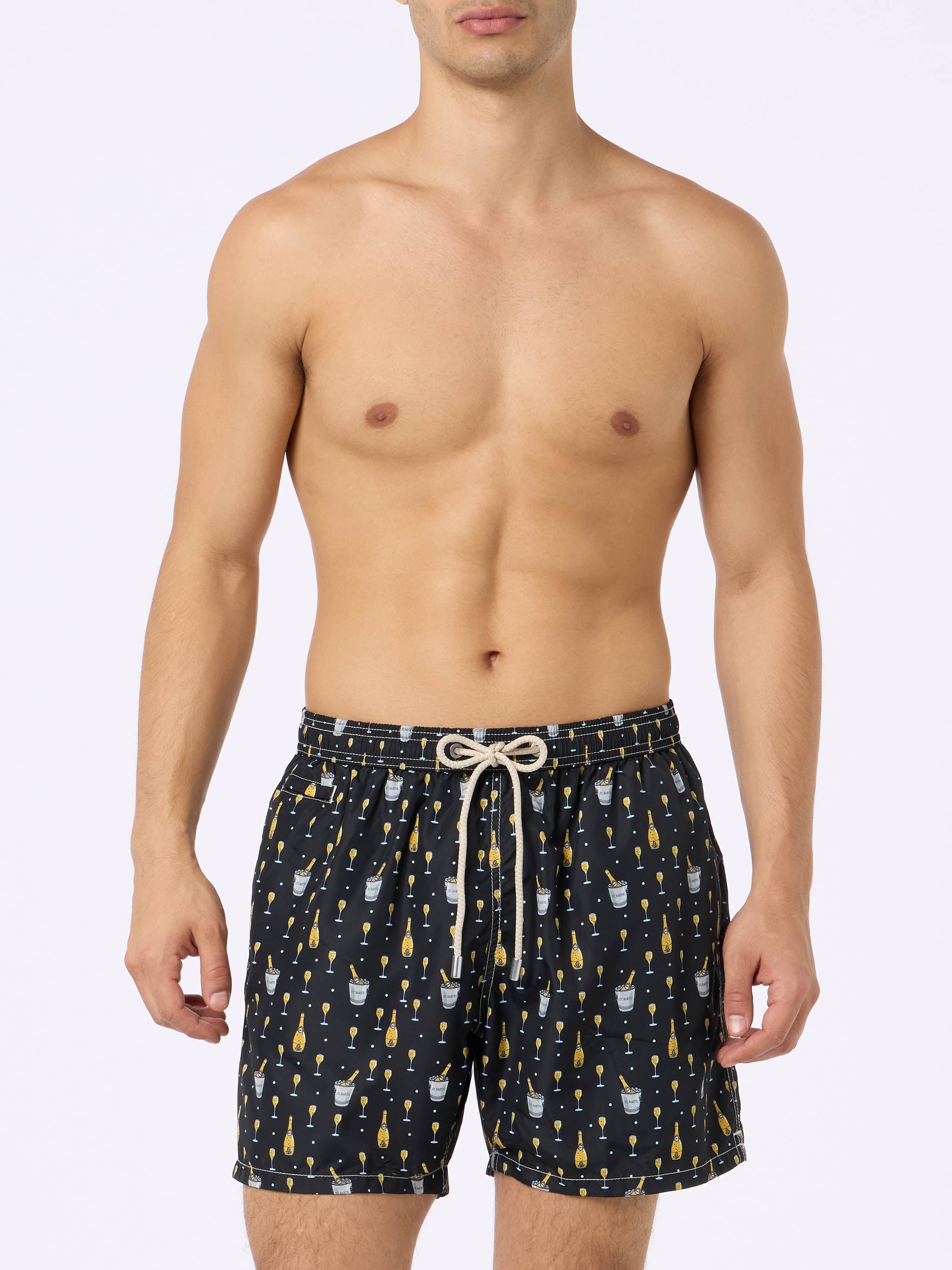 Man Lightweight Fabric Swim-Shorts Lighting Micro Fantasy With Bollicine Print Black Swimshort