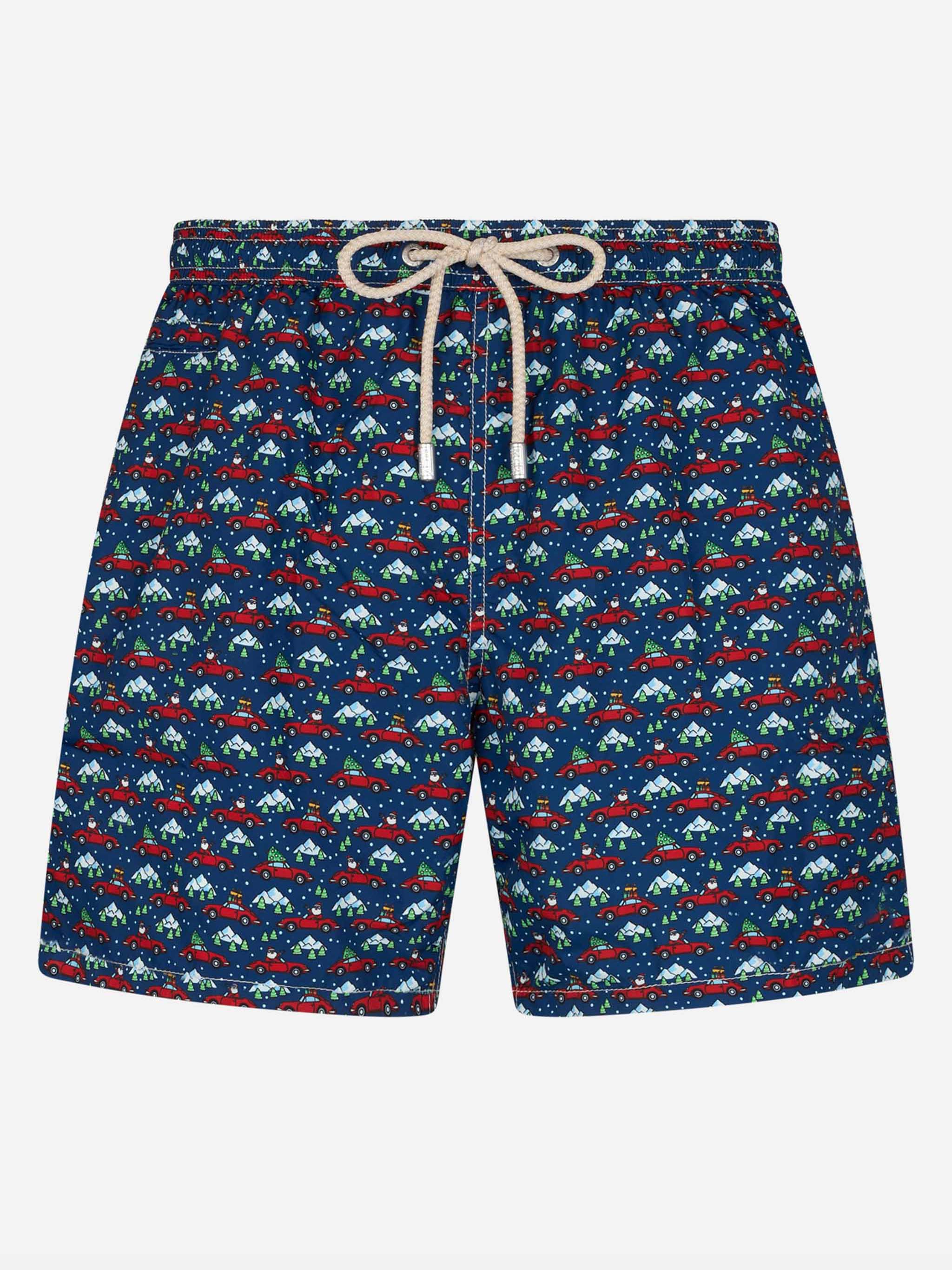 Man Lightweight Fabric Swim-Shorts Lighting Micro Fantasy With Santa Driver Print Blue Navy Swimshort
