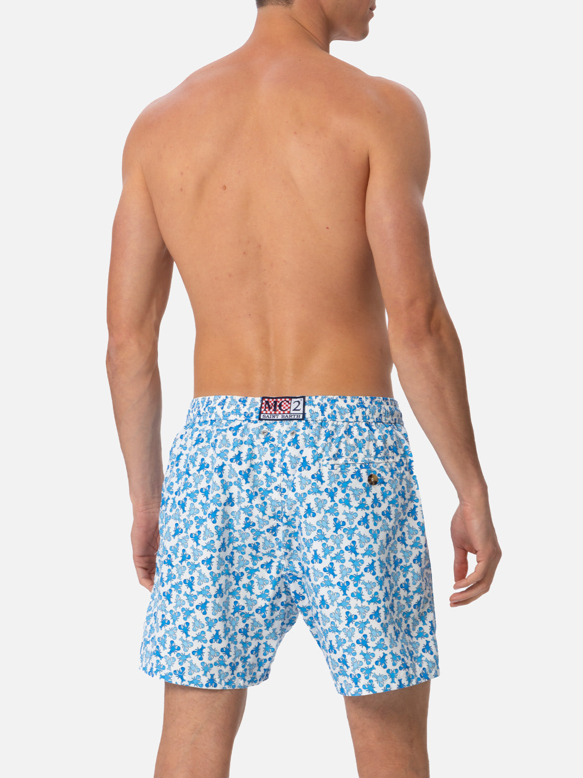 Man Lightweight Fabric Swim-Shorts Lighting Micro Fantasy With Loabster Print White Swimshort