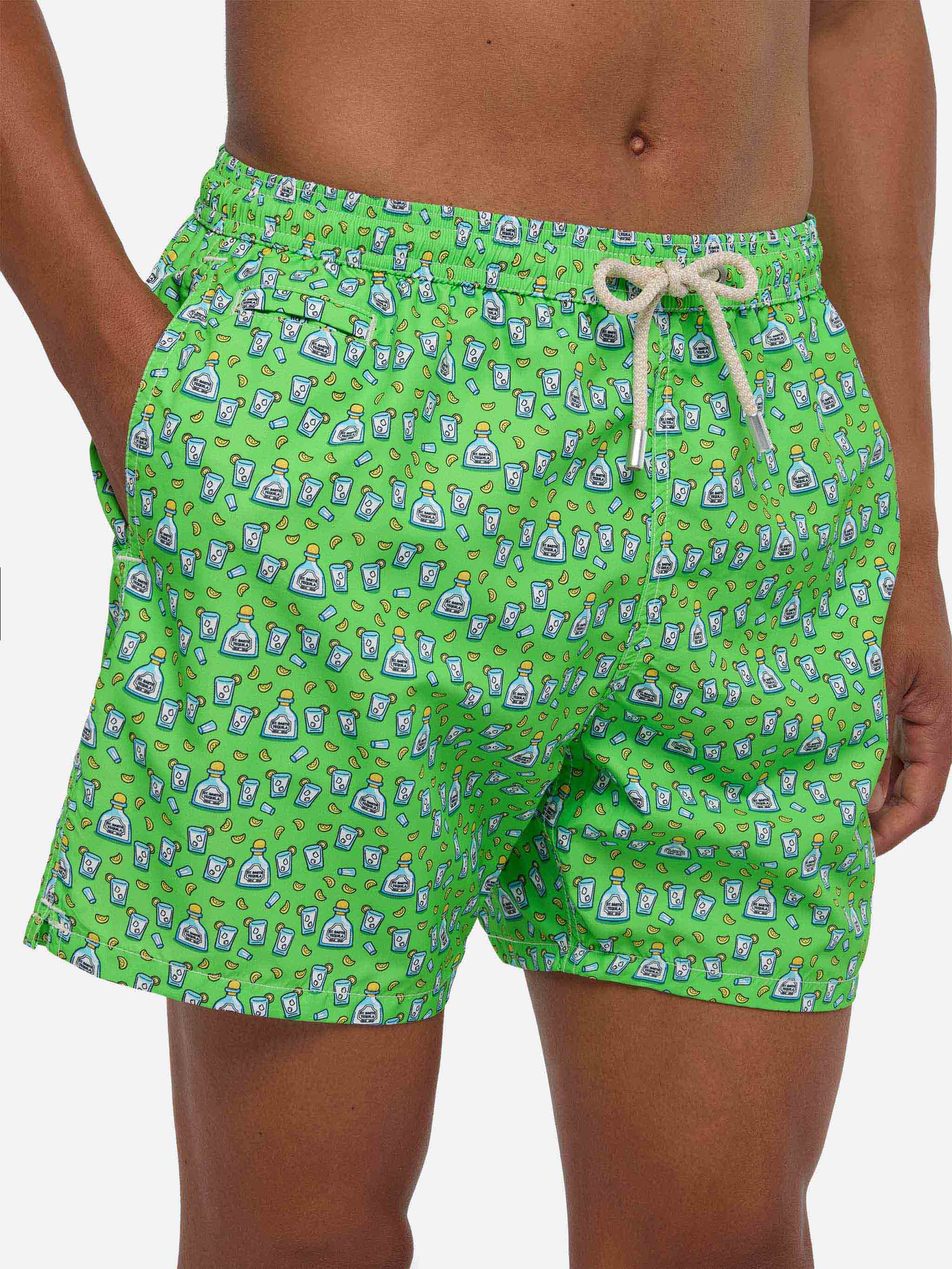 Man Light Fabric Swim Shorts With Tequila Print Fluo Swimshort