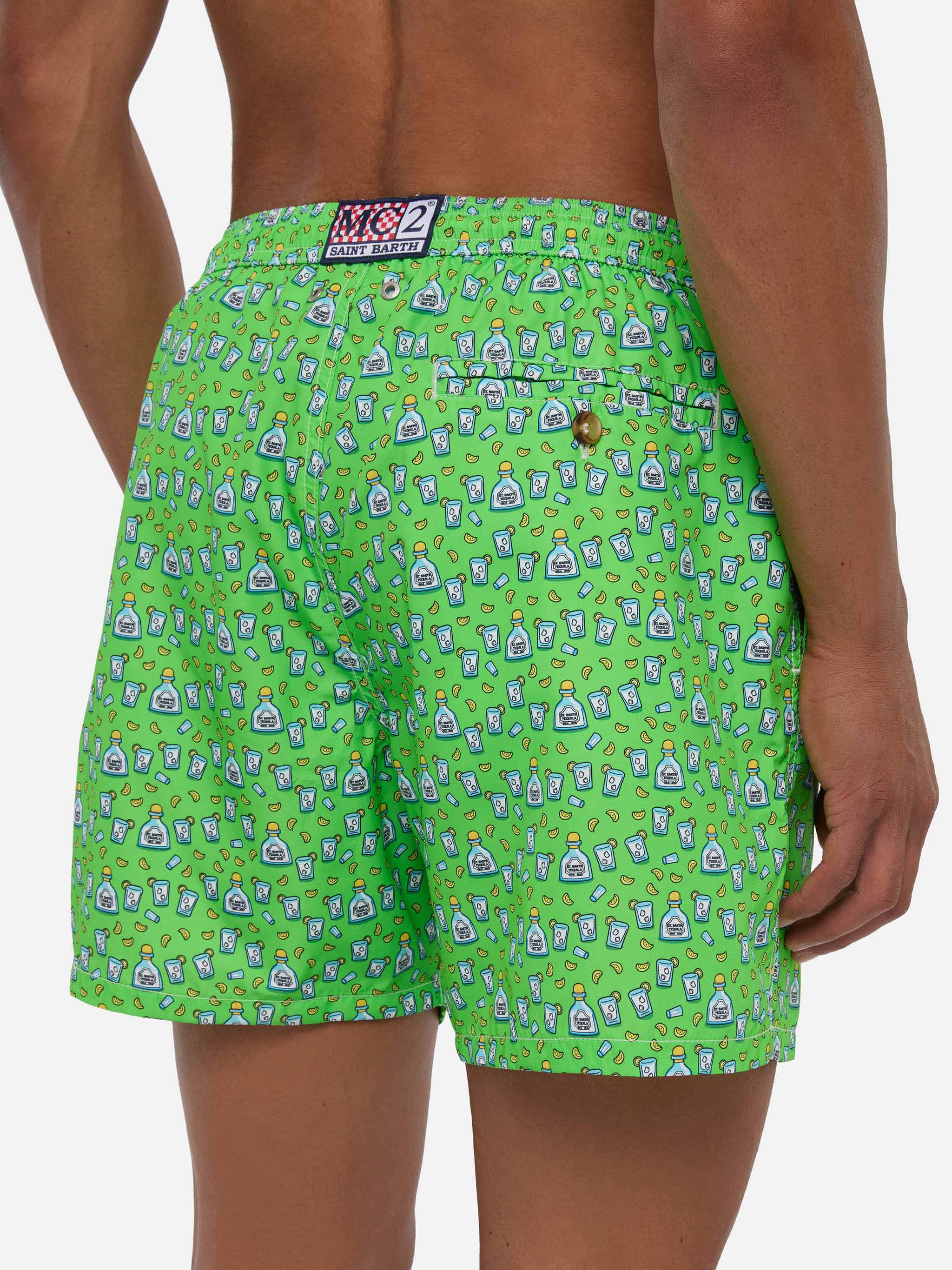 Man Light Fabric Swim Shorts With Tequila Print Fluo Swimshort