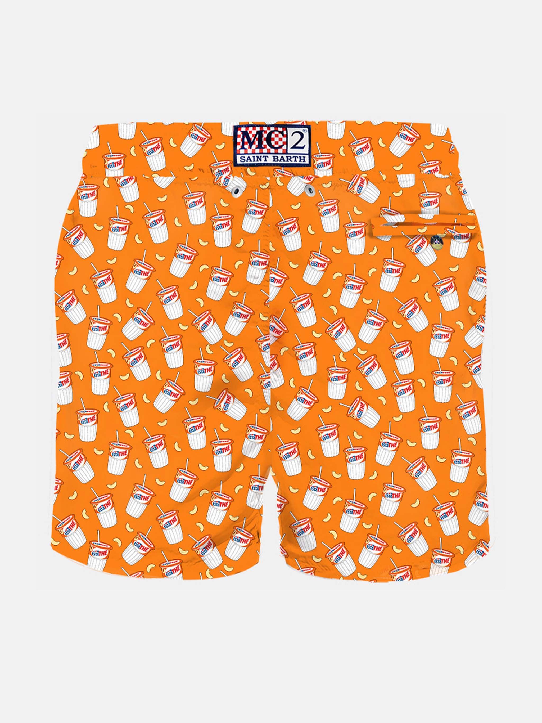 Man Light Fabric Swim Shorts With Estathé Print | Estathé® Special Edition Orange Swimshort