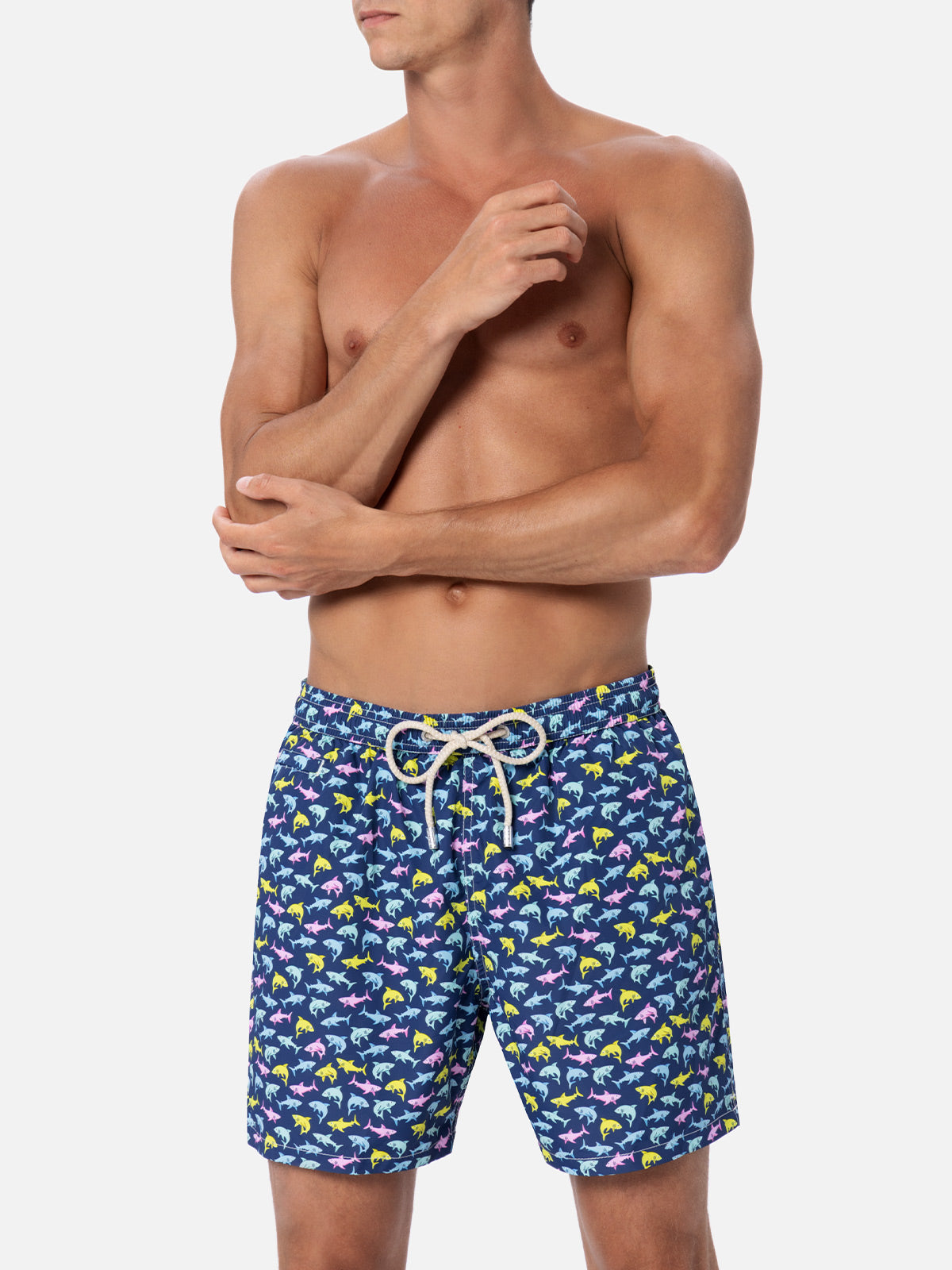 Man Lightweight Fabric Swim-Shorts Lighting Micro Fantasy With Shark Print Blue Swimshort