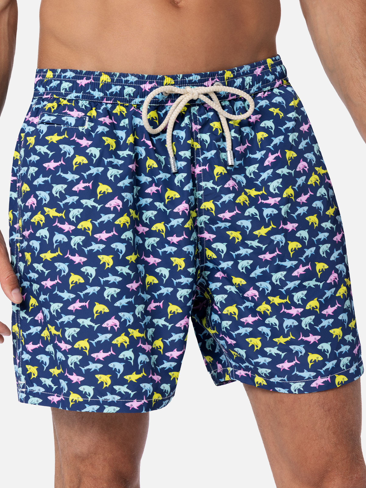 Man Lightweight Fabric Swim-Shorts Lighting Micro Fantasy With Shark Print Blue Swimshort