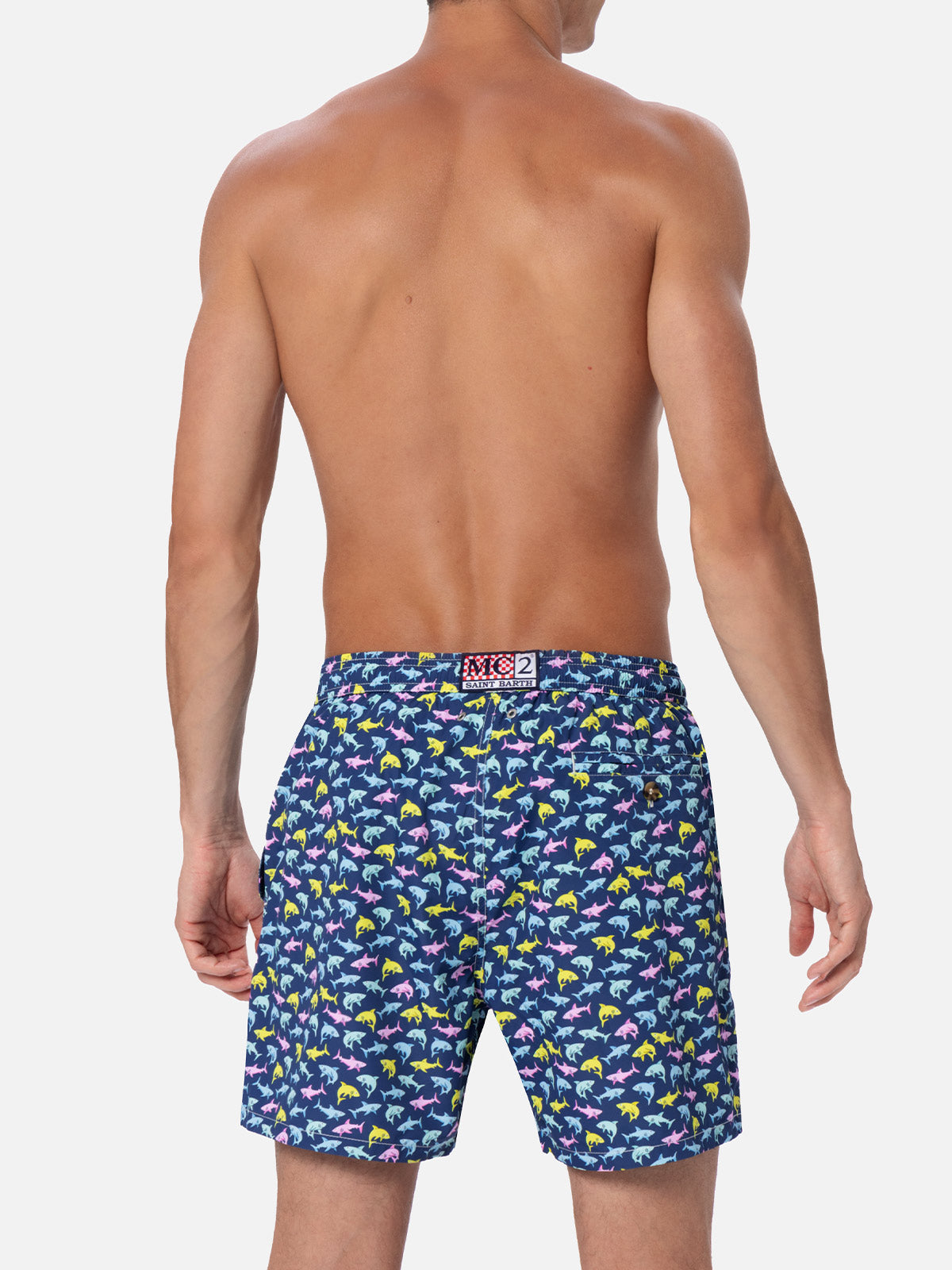 Man Lightweight Fabric Swim-Shorts Lighting Micro Fantasy With Shark Print Blue Swimshort