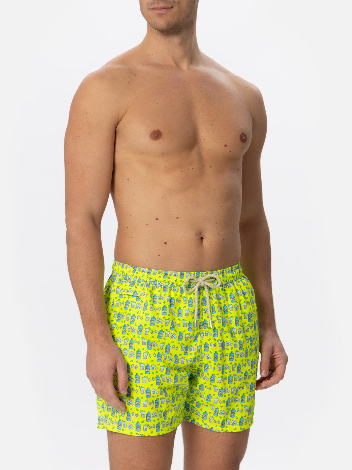 Man Light Fabric Swim Shorts With Gin And Gym Print Yellow Swimshort