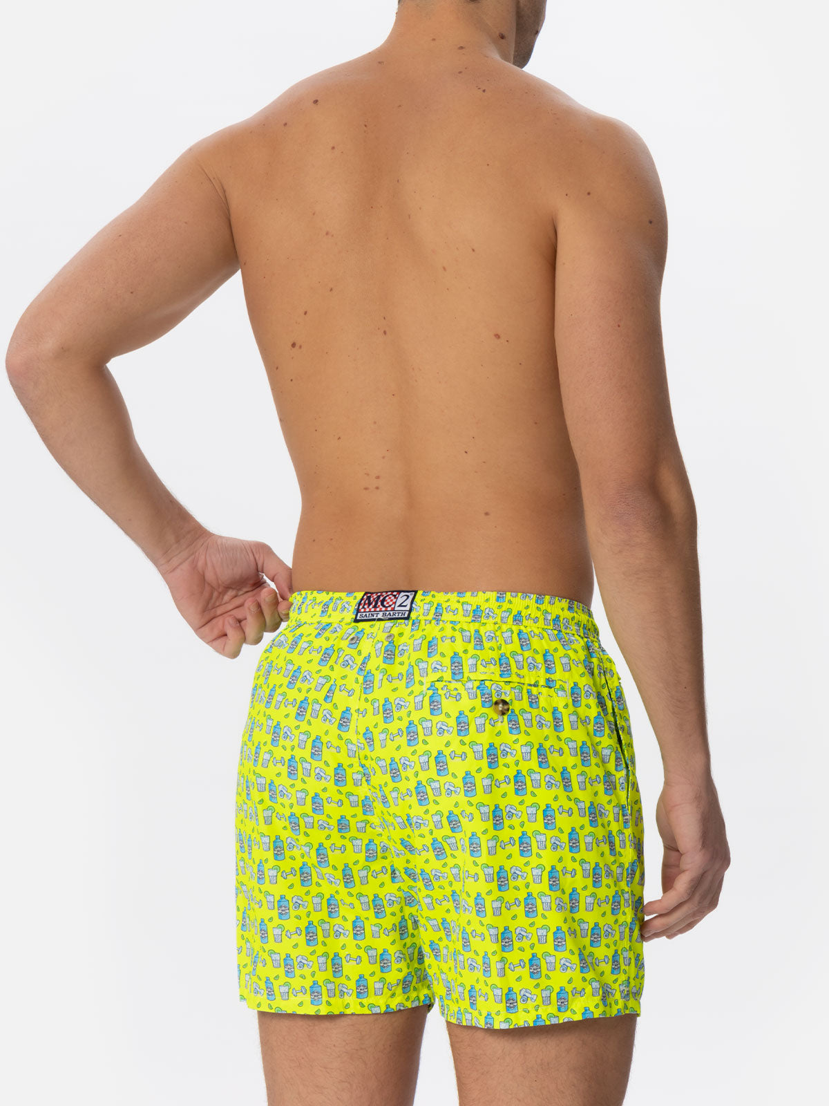 Man Light Fabric Swim Shorts With Gin And Gym Print Yellow Swimshort
