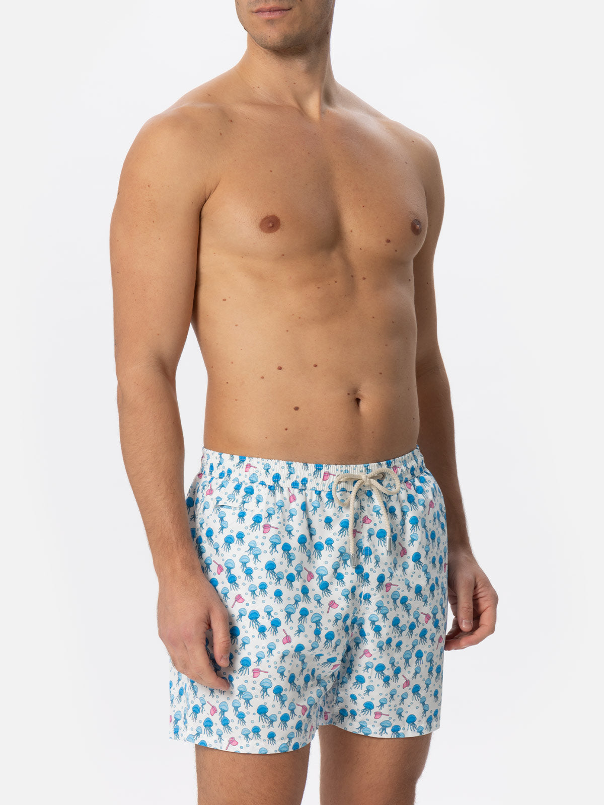 Man Light Fabric Swim Shorts With Jellyfish Print White Swimshort