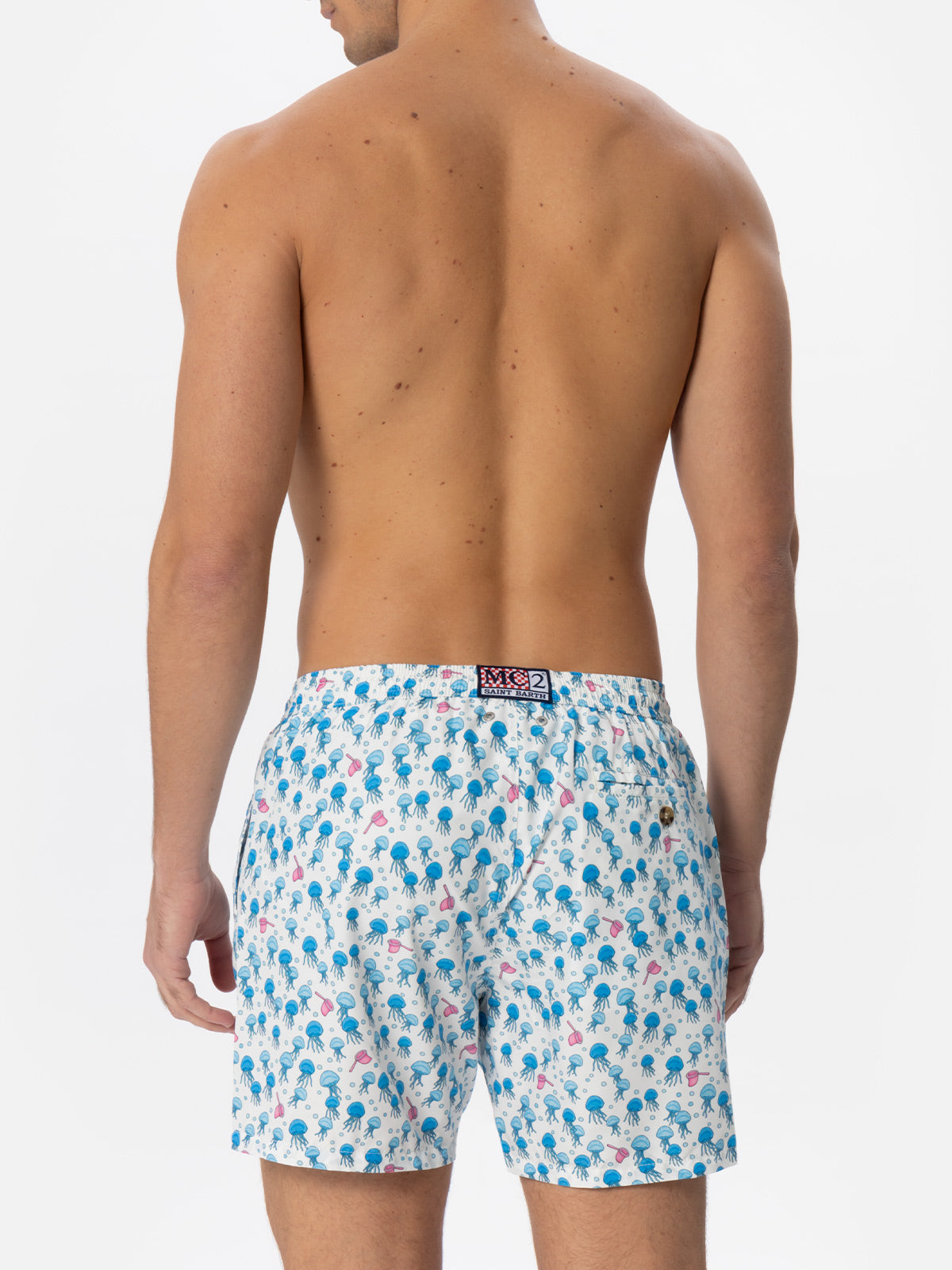 Man Light Fabric Swim Shorts With Jellyfish Print White Swimshort
