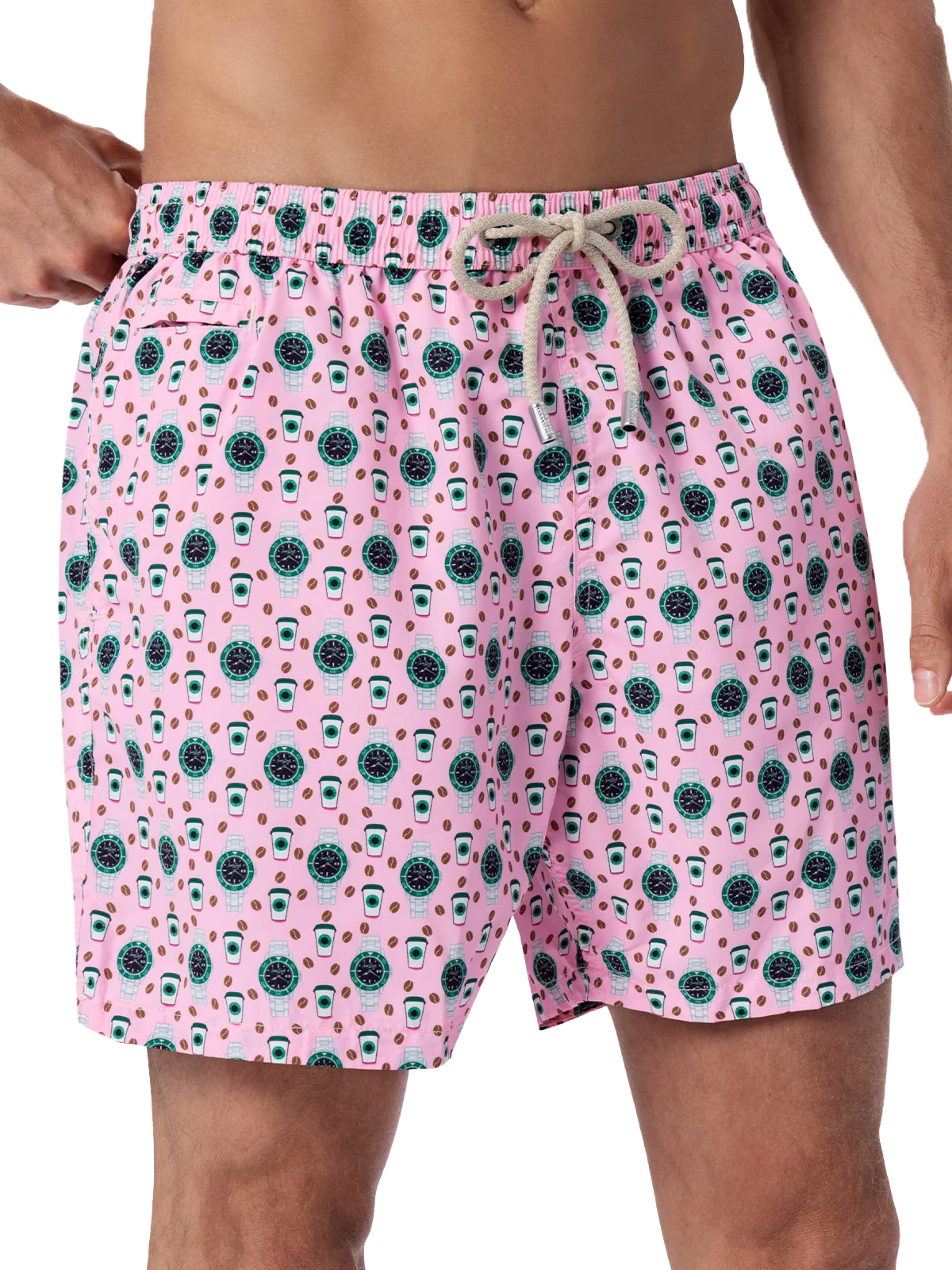 Man Lightweight Fabric Swim-Shorts Lighting Micro Fantasy With Watches Print Pink Swimshort