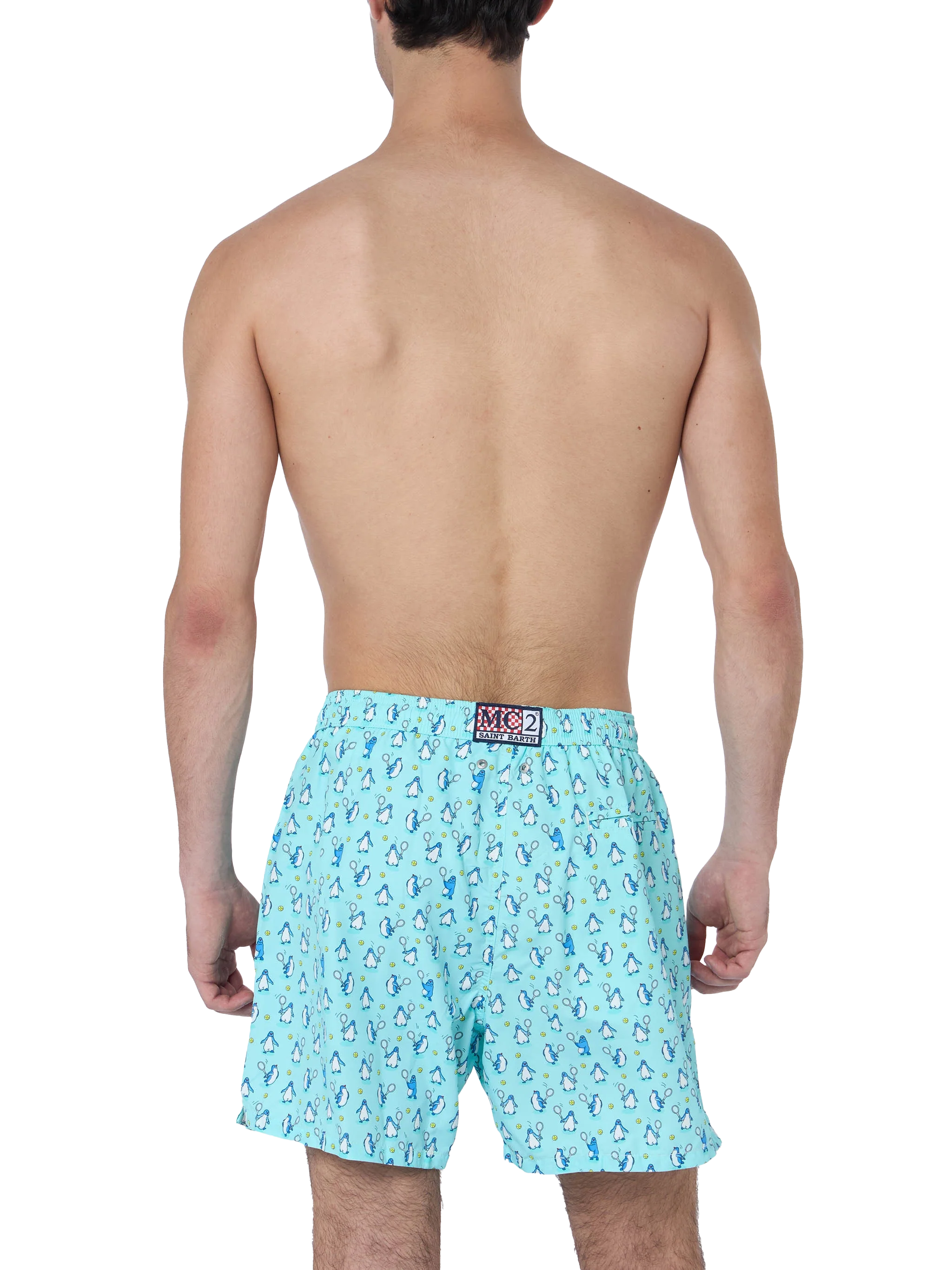 Man Lightweight Fabric Swim-Shorts Lighting Micro Fantasy With Penguins Print Verde Acqua Swimshort