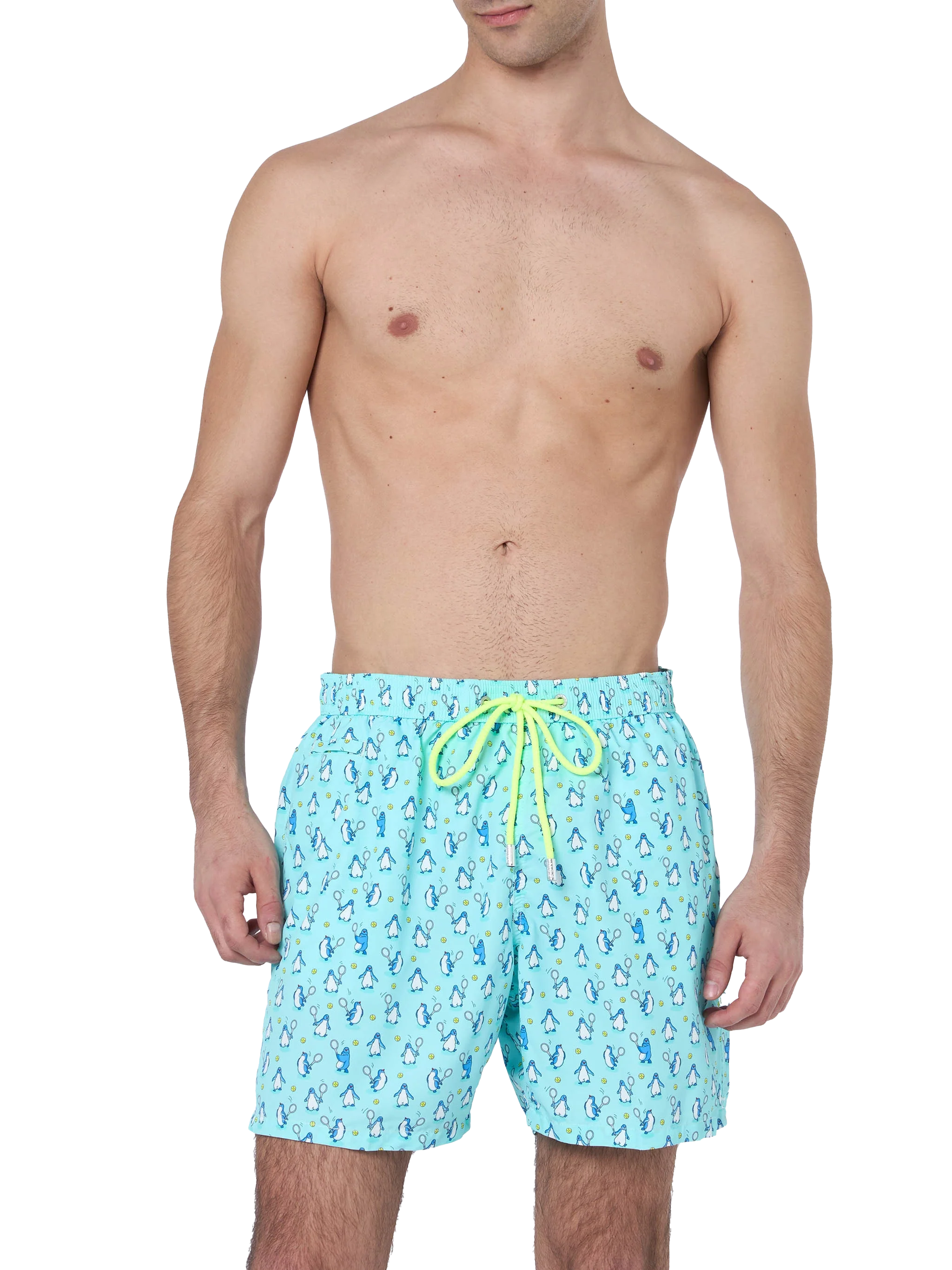 Man Lightweight Fabric Swim-Shorts Lighting Micro Fantasy With Penguins Print Verde Acqua Swimshort