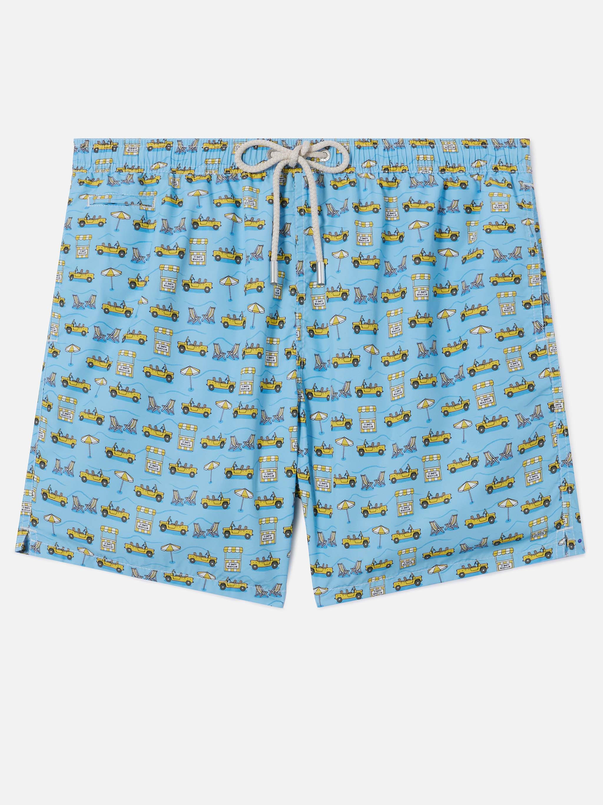 Light Blue Lighting Micro Swim Shorts With Road To Formentera All-Over Print Swimshort