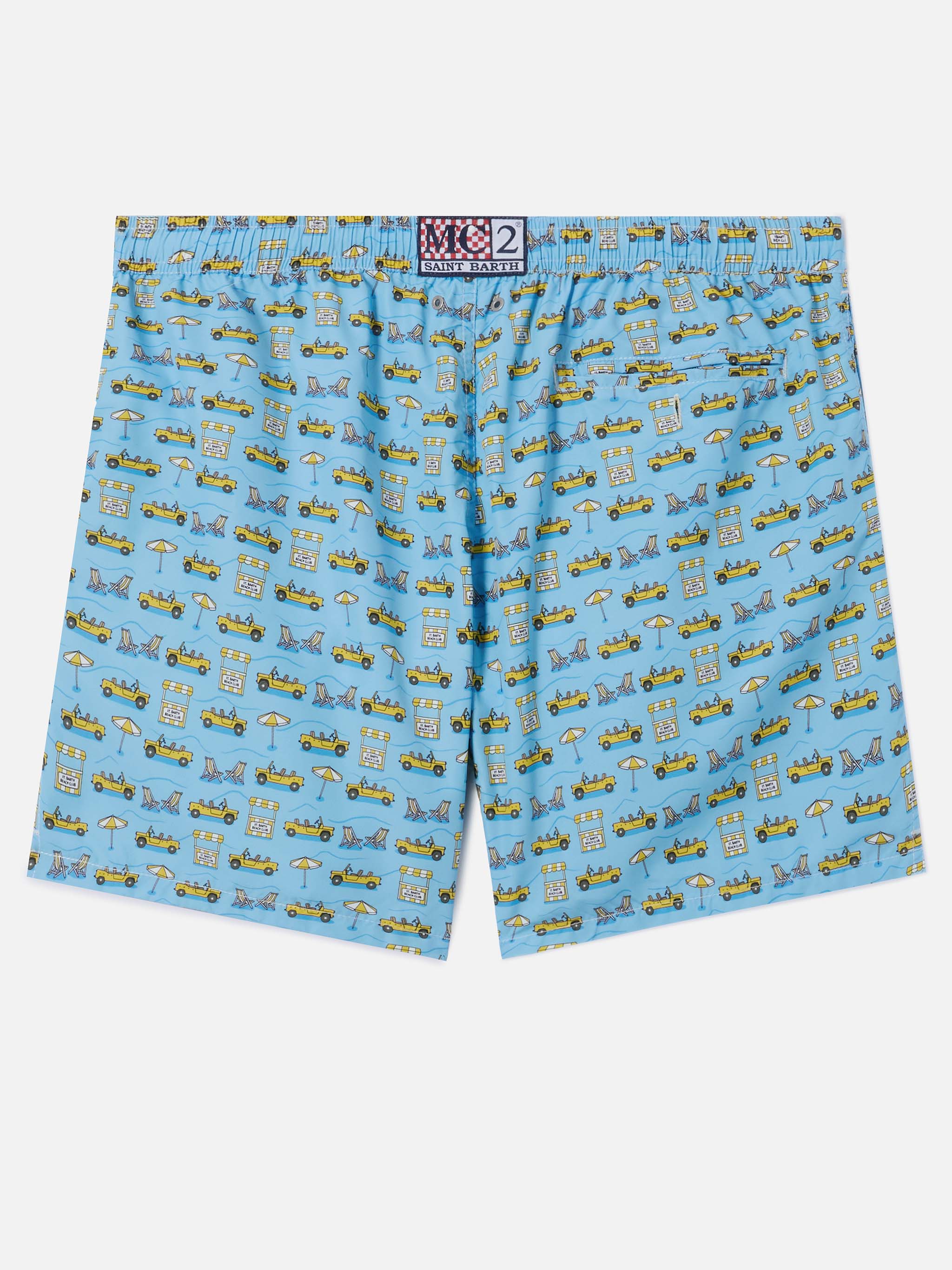 Light Blue Lighting Micro Swim Shorts With Road To Formentera All-Over Print Swimshort