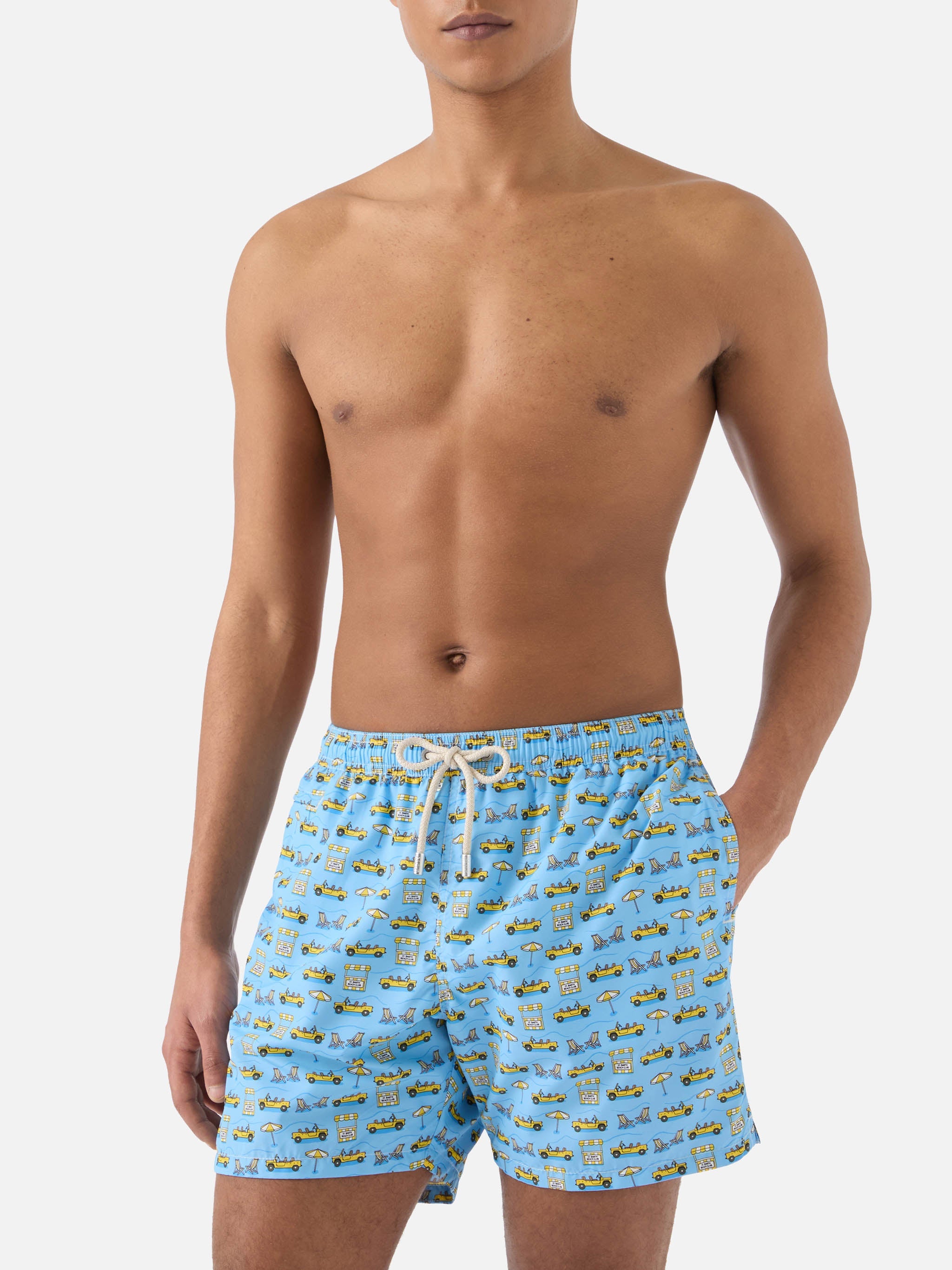 Light Blue Lighting Micro Swim Shorts With Road To Formentera All-Over Print Swimshort