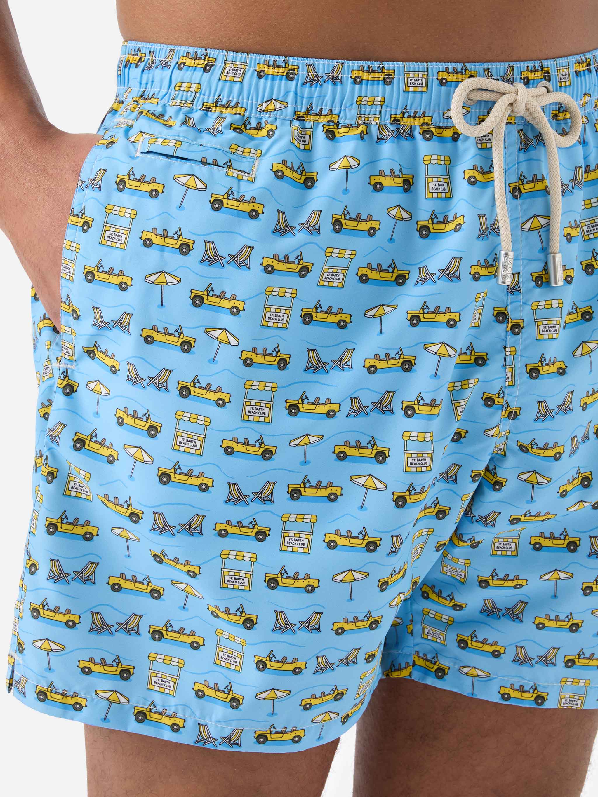 Light Blue Lighting Micro Swim Shorts With Road To Formentera All-Over Print Swimshort