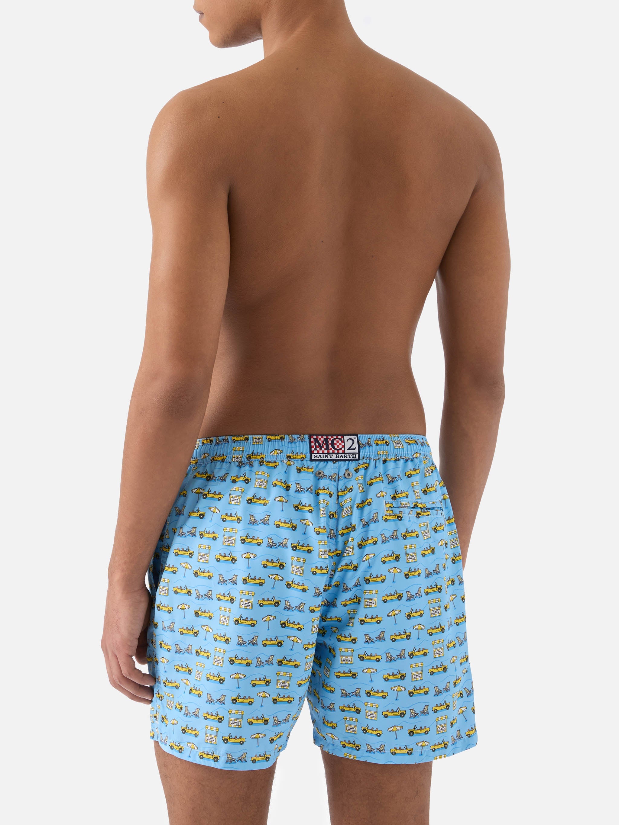 Light Blue Lighting Micro Swim Shorts With Road To Formentera All-Over Print Swimshort