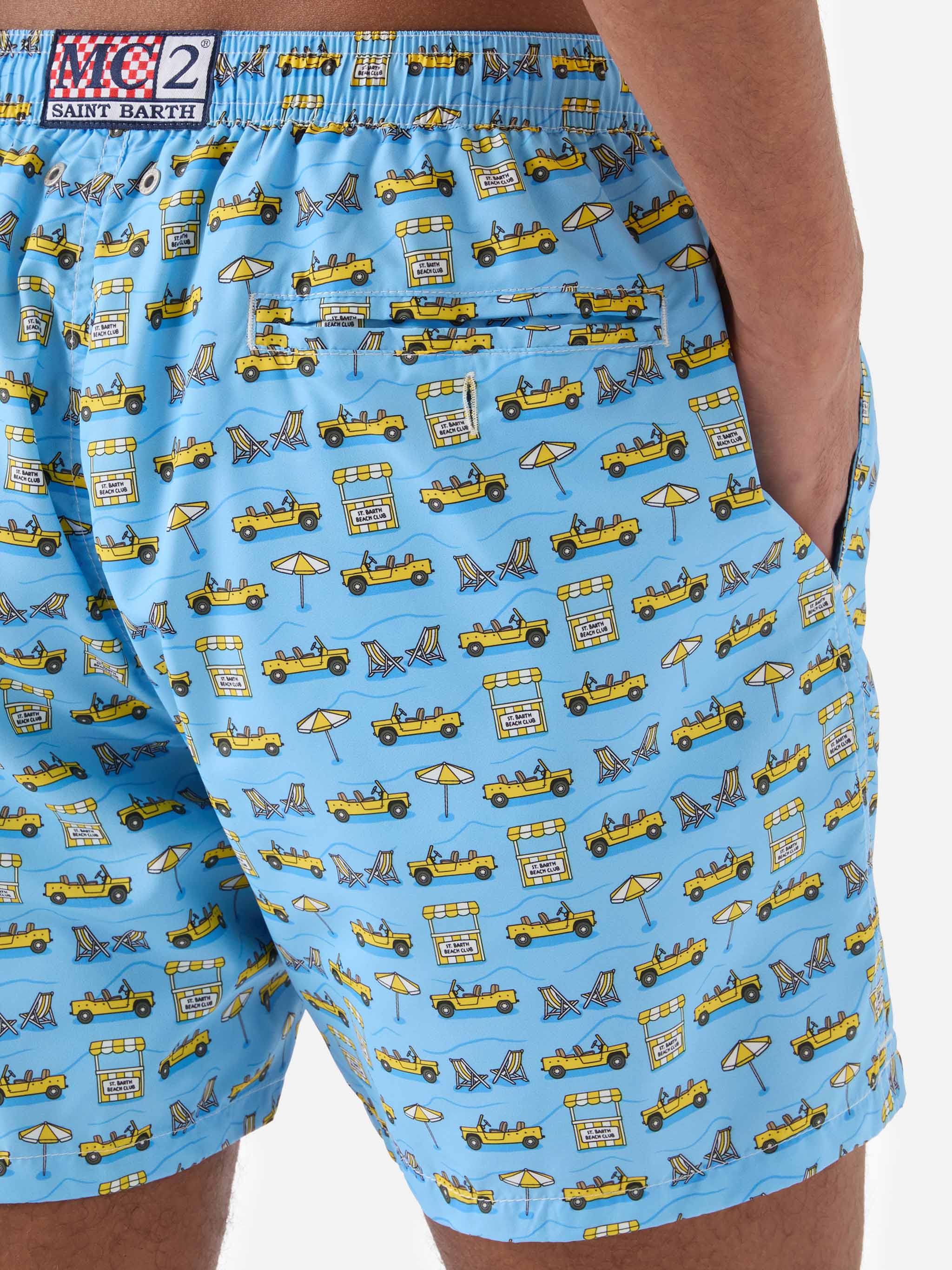 Light Blue Lighting Micro Swim Shorts With Road To Formentera All-Over Print Swimshort