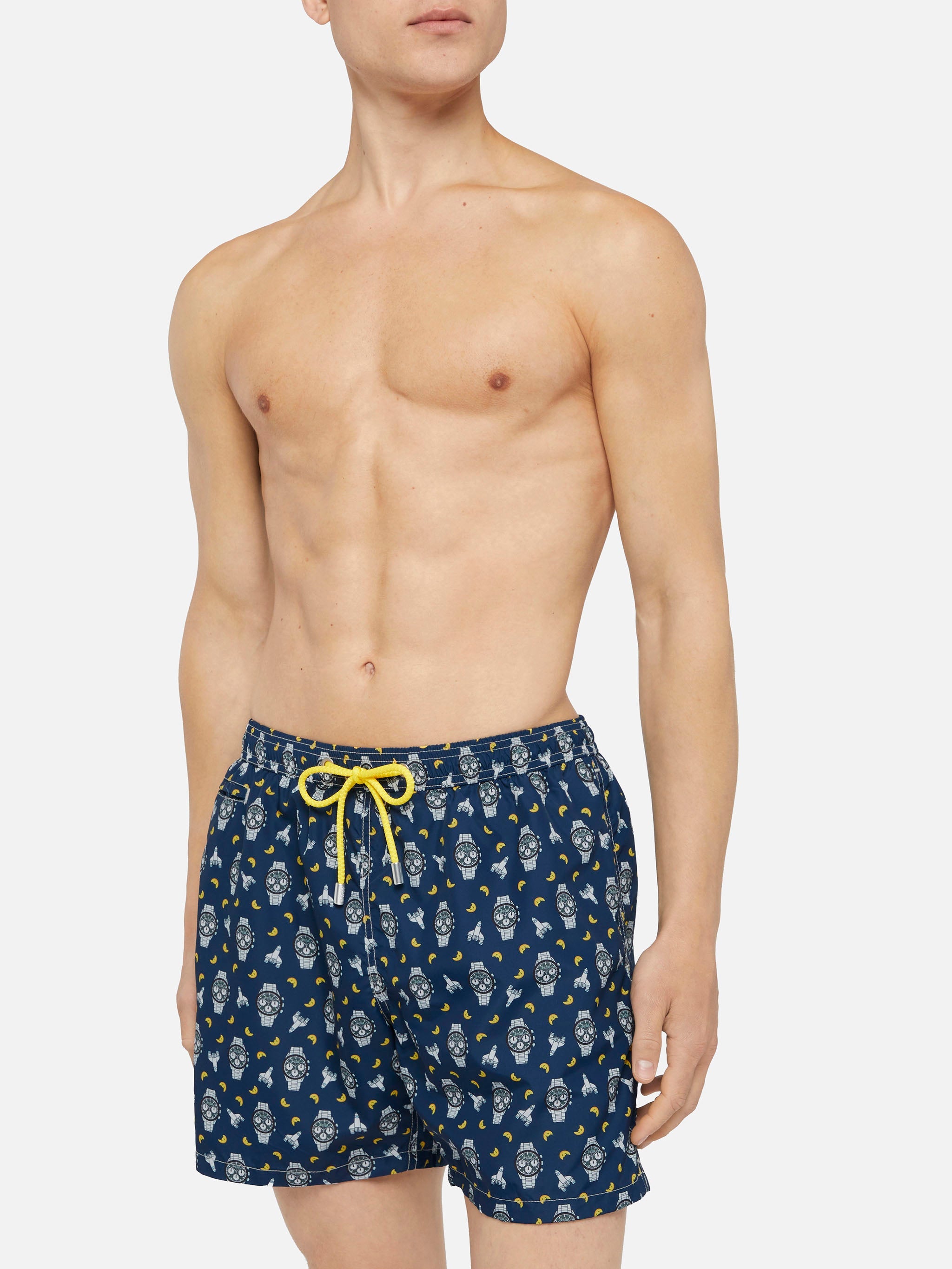 Lightweight Fabric Swim Shorts Lighting With Watch And Moon Print Blue Swimshort