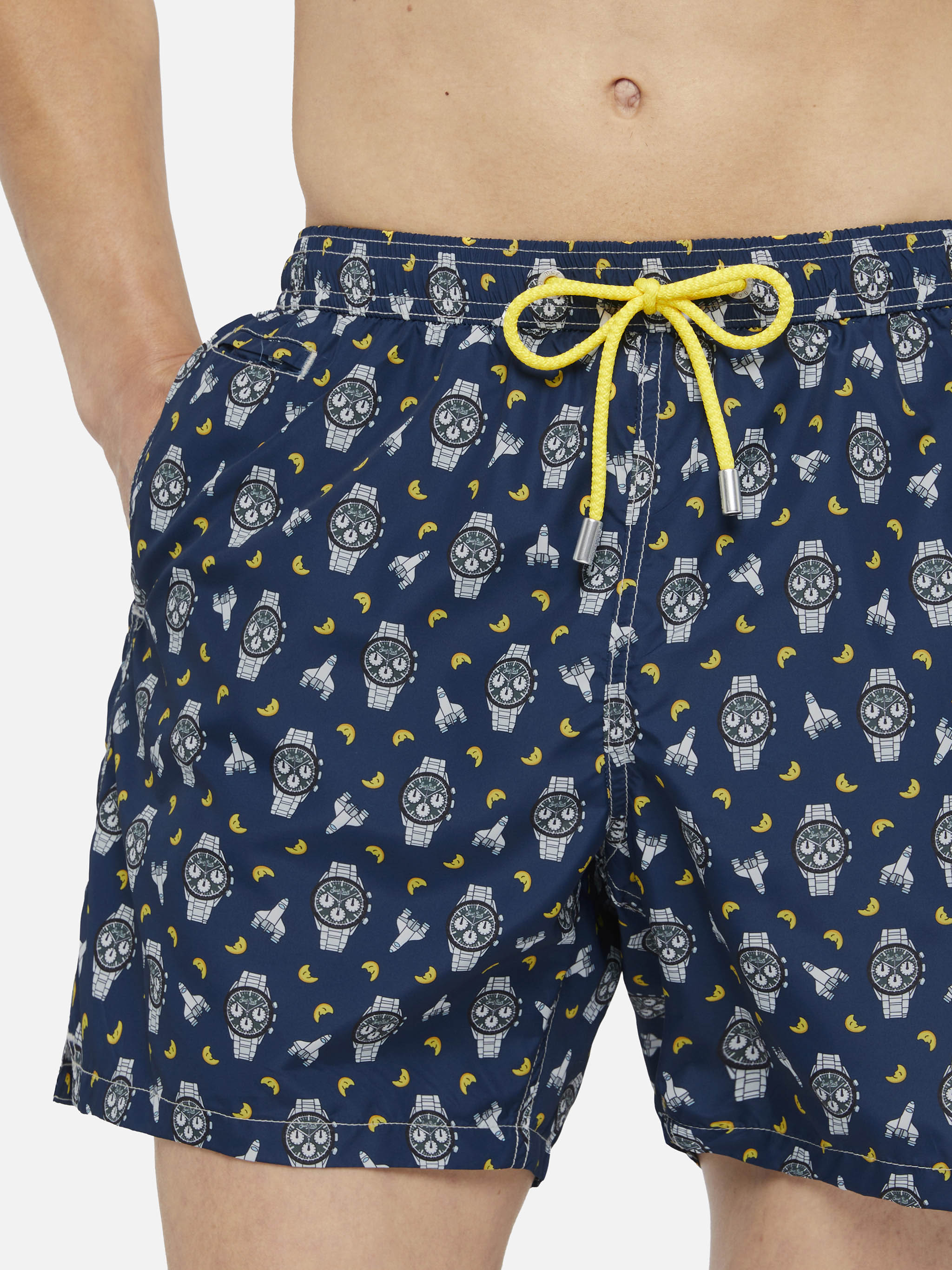 Lightweight Fabric Swim Shorts Lighting With Watch And Moon Print Blue Swimshort